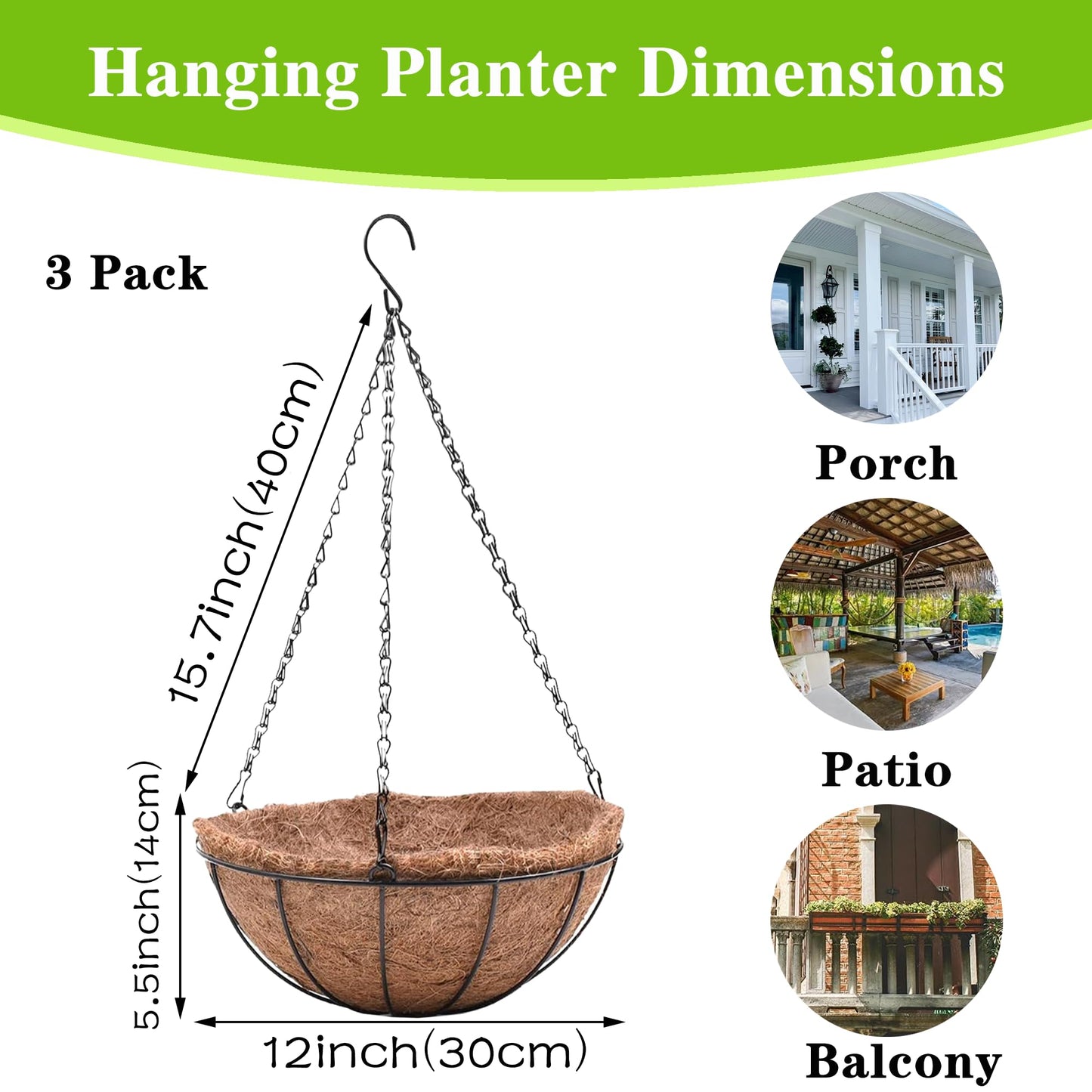 EIMQUVW Metal Hanging Planters Basket Set of 3 Hanging Flower Pots 12 Inch Chain Round Wire Plant Holder with Coco Coir Liner Garden Watering Hanging Baskets for Patio Garden Outdoor1
