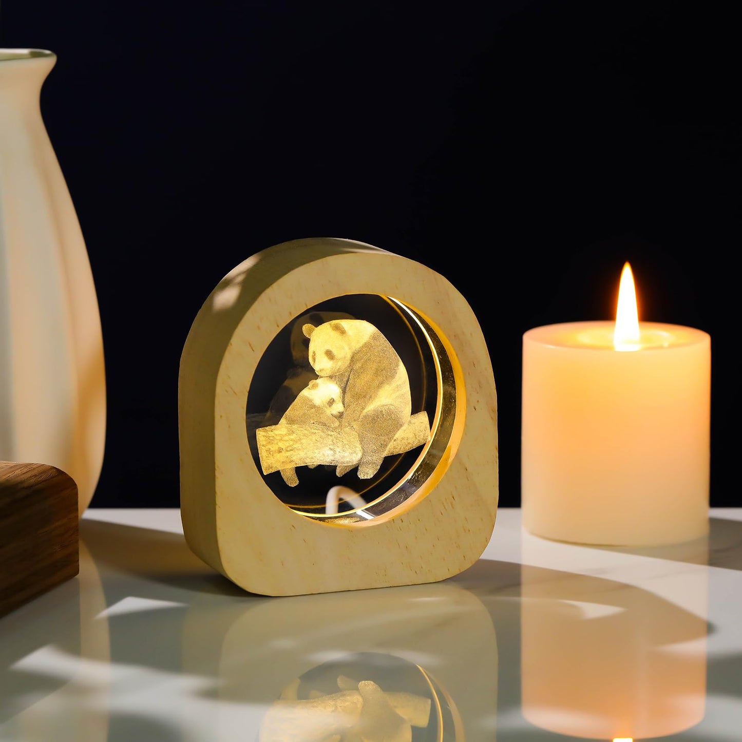 Crystal Panda Gifts for Women Wood Night Light for Home Decor, 3D Engraved Pandas Lamp Collectible Figurines Gifts for Mom Friends Panda Lovers