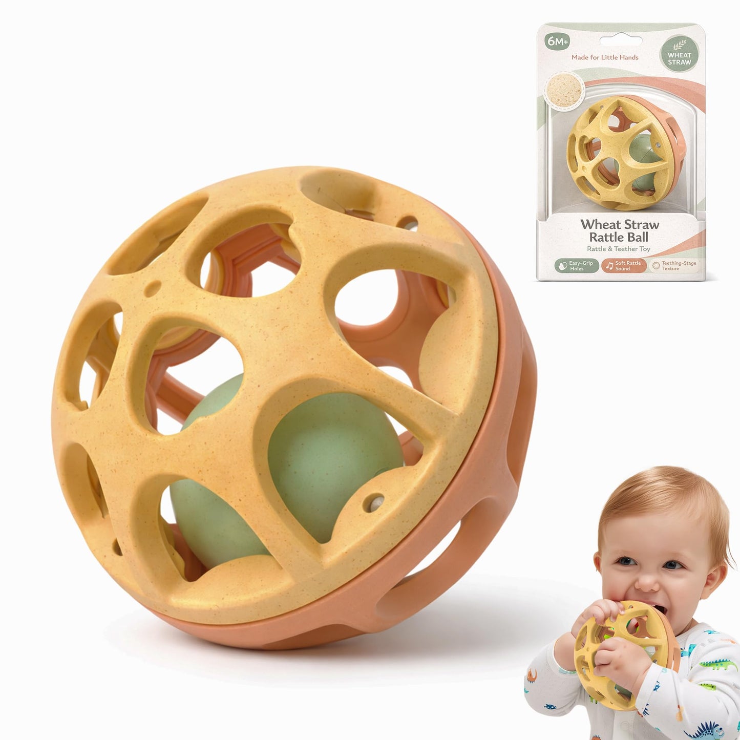 ROHSCE Sensory Rattle Balls Textured, Baby Teething Sensory Montessori Toys Soft Chew Toy with Rattles for Babies, Safe Wheat Straw Travle Toys, Developmental Newborn Baby Toys 6 to 12 Months, Yellow