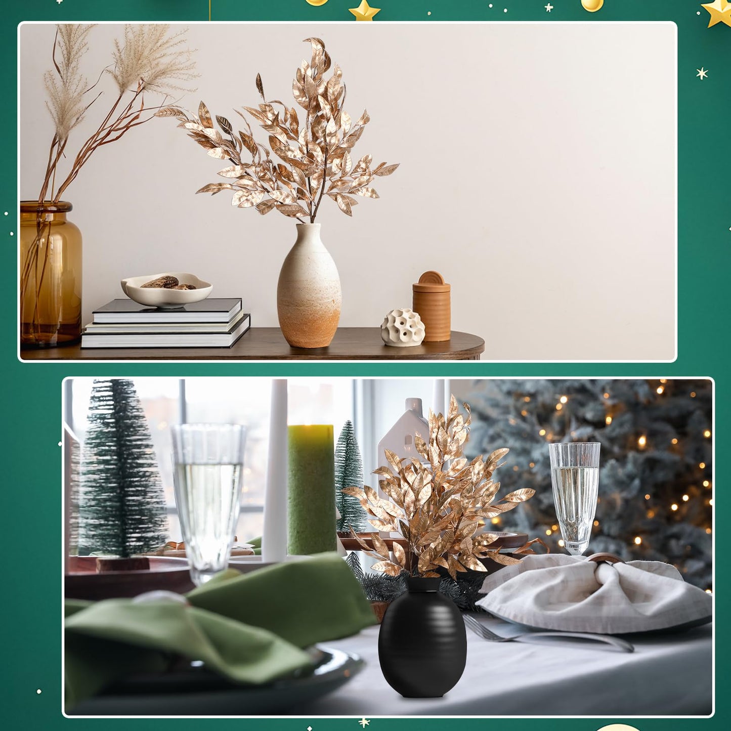 Giegxin 18 Inch Christmas Gold Bay Leaf Picks 6 Pcs Artificial Gold Christmas Decoration Bay Leaf Spray Stems Branch for Xmas Tree DIY Xmas Wreath Garland Home Decor