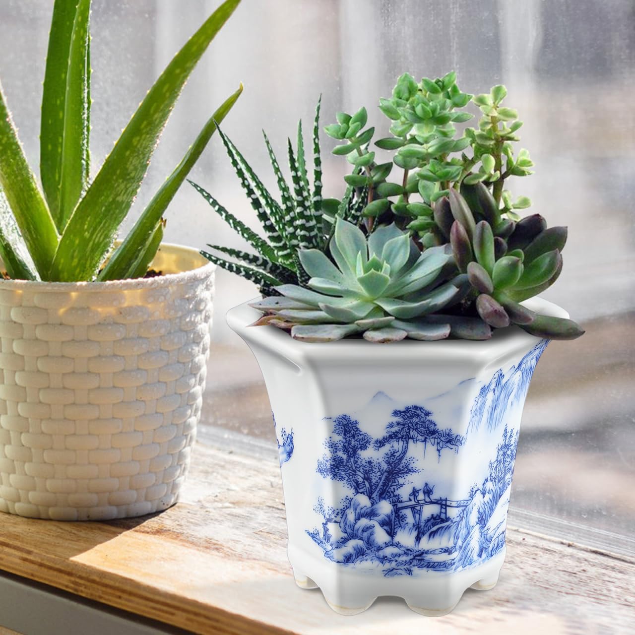 Mipcase Blue & White Porcelain Flower Pot: Small Plant Pots with Drainage Holes for Succulent Cactus - Ceramic Planter for Home Office Balcony