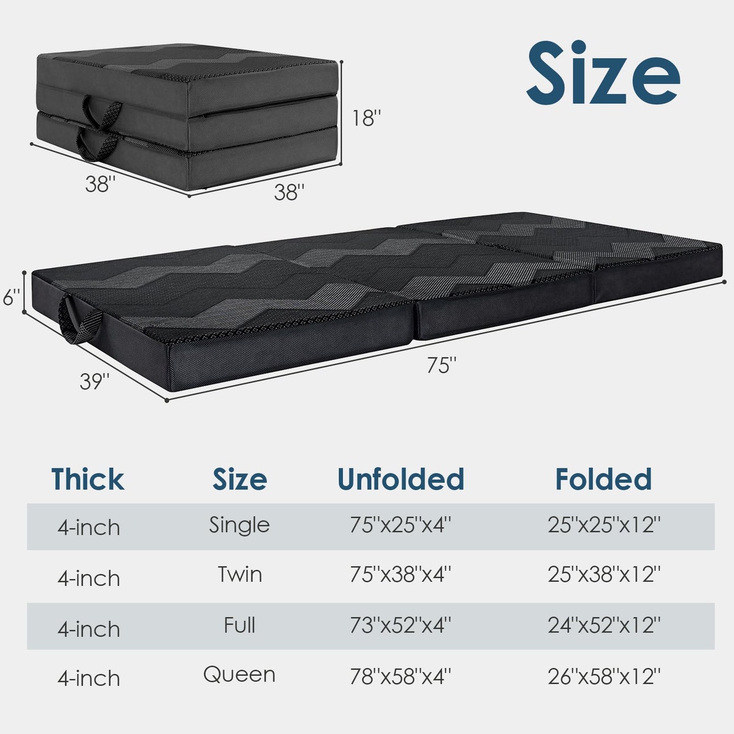 INGEROOM Foldable Mattress Twin - Memory Foam 4 inch Trifold Mattress for Camping, with Portable Handle, Non-Slip Folding Floor Bed Sofa for Guest Travel Yoga, Washable Breathable Cover