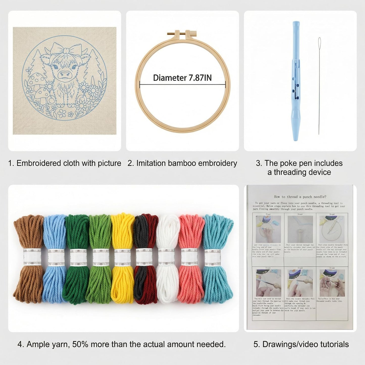 ZMHKJZDQ Punch Needle Kits for Beginners,DIY Punch Needle Embroidery with Fabric, Hoops, Yarns and Sewing Needles for Adults Children Festival Gift and Home Decor, 20x20cm (Bow Highland Cow)