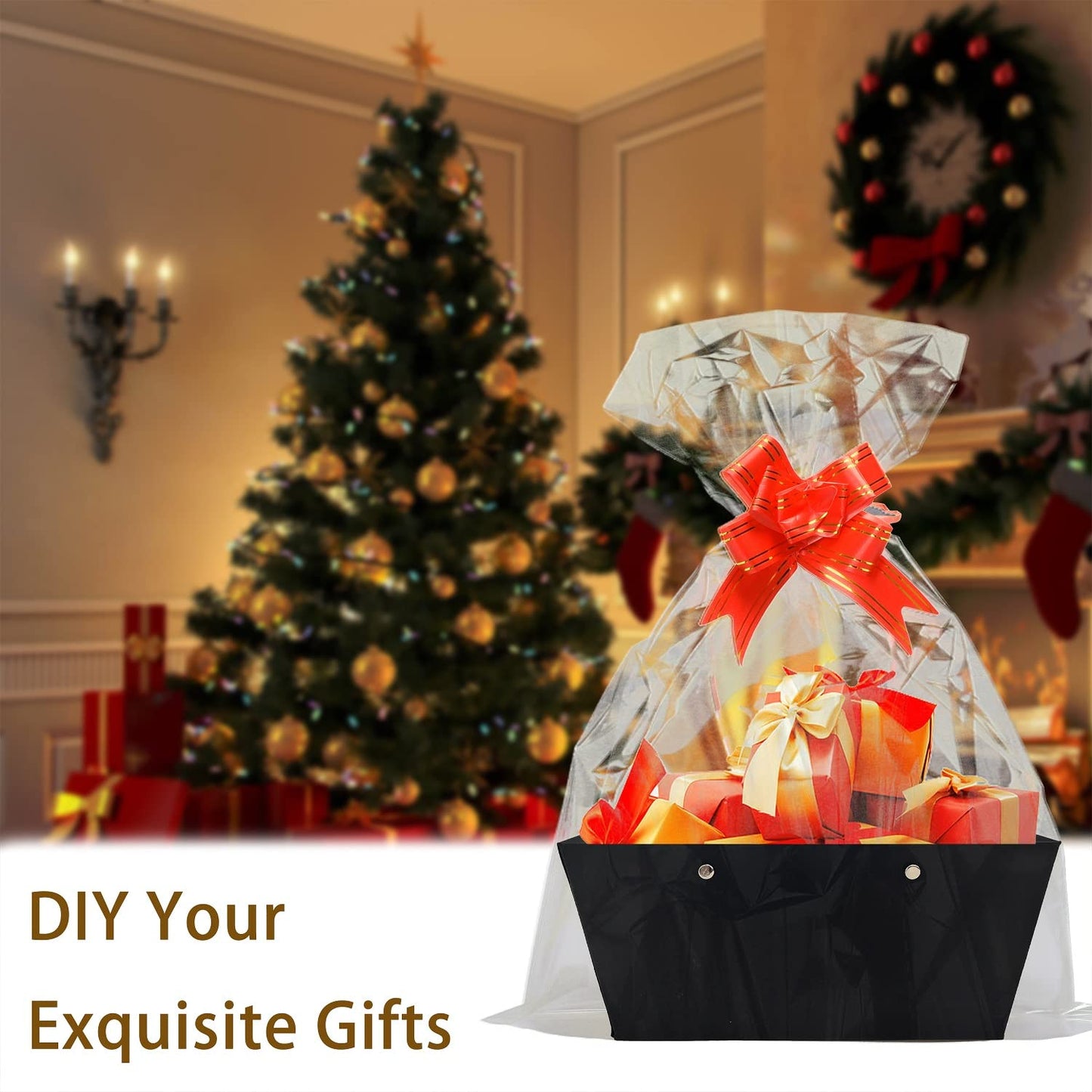 Baskets For Gifts Empty, 5 PCS Black Gift Bags With Handles DIY Kit, Gift Basket Empty To Fill Bulk For Party Favors Wedding Birthday Christmas Halloween Sympathy Thank You