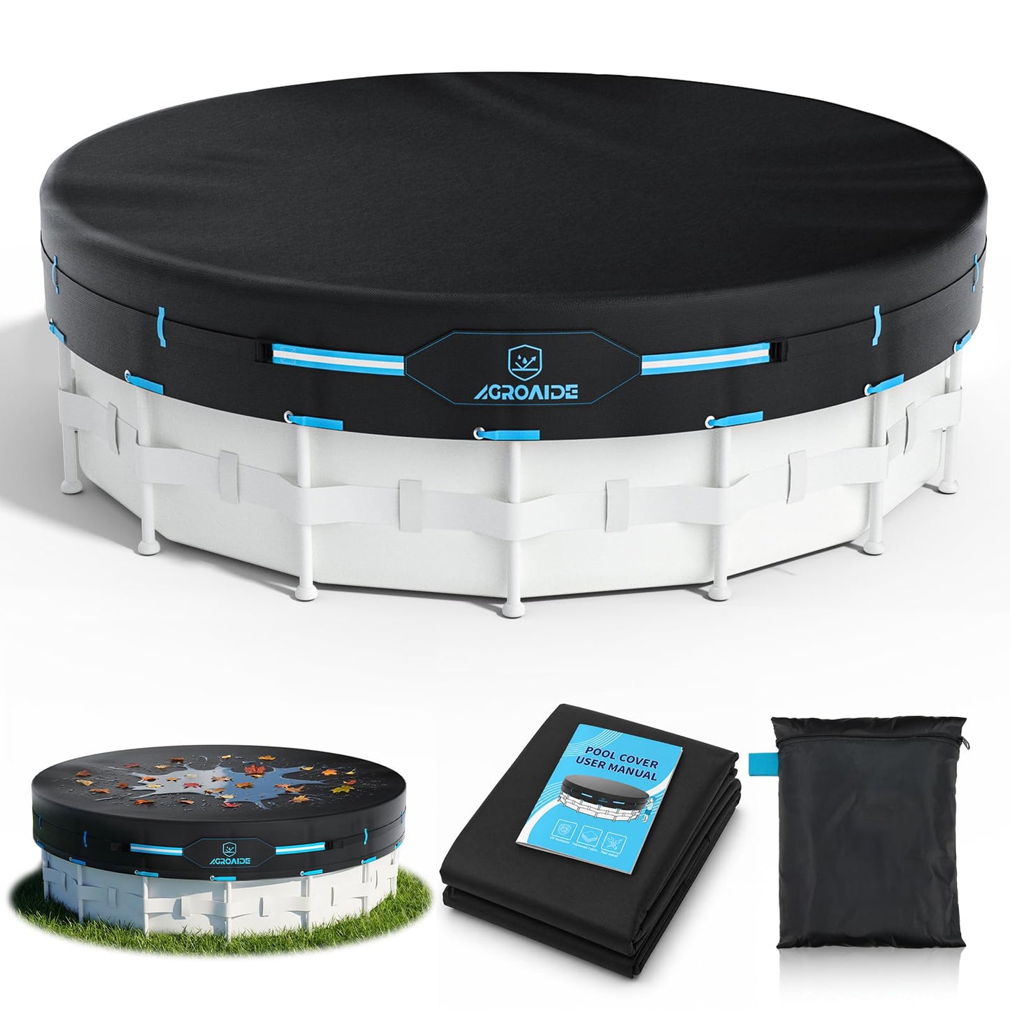 AGROAIDE 18ft Above Ground Pool Cover with Metal Buckle Straps, 420D Oxford Fabric for All Season Use - Tear Resistant, UV & Dust Proof