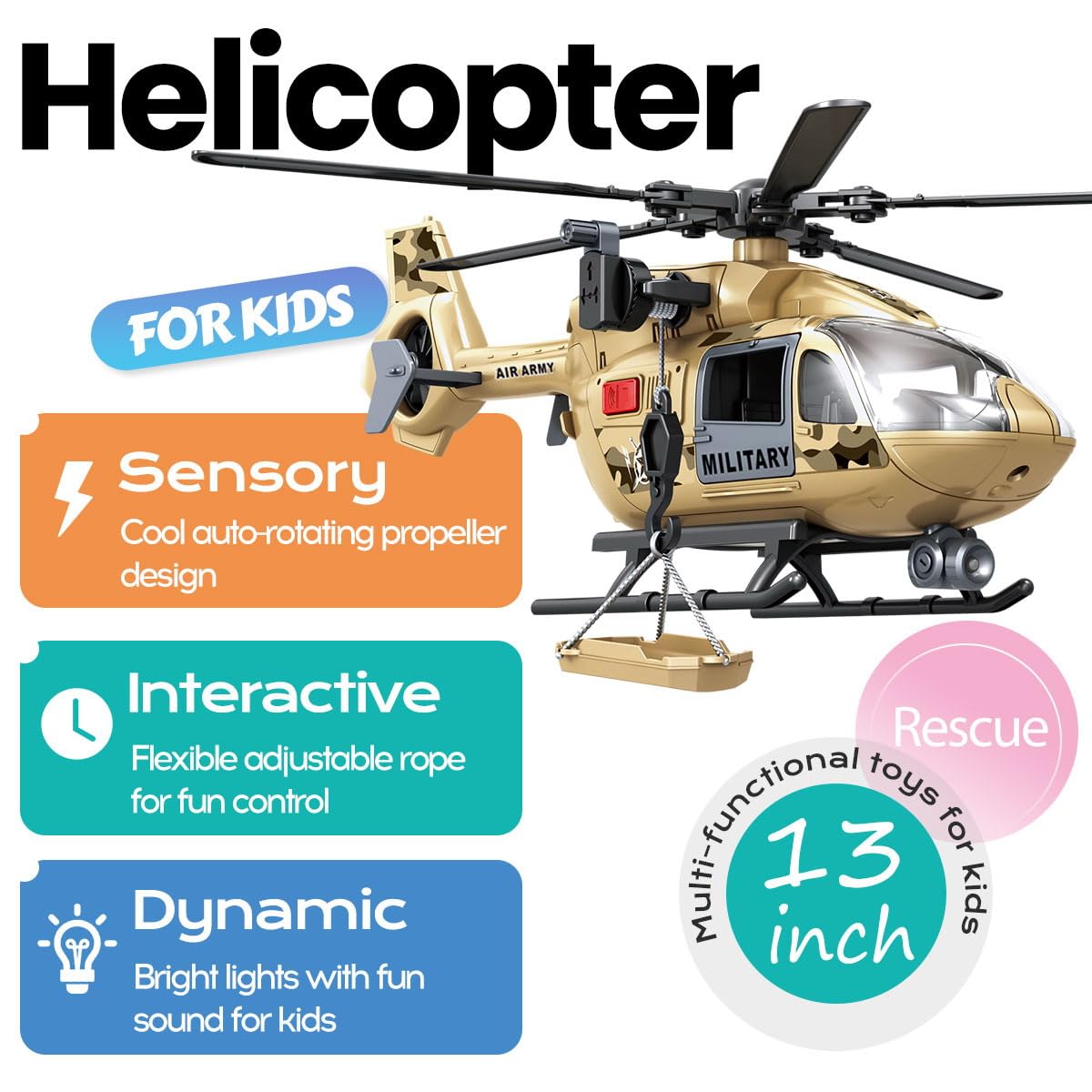 ANJARU Helicopter Toy with Lights and Sound,Simulative Rescue Helicopter Toddler Kids Toys for Kids Aged 3 4 5 6 Pull-Back Propeller Army Toys Toddler Kids Boys Gifts (Military-Helicopter)