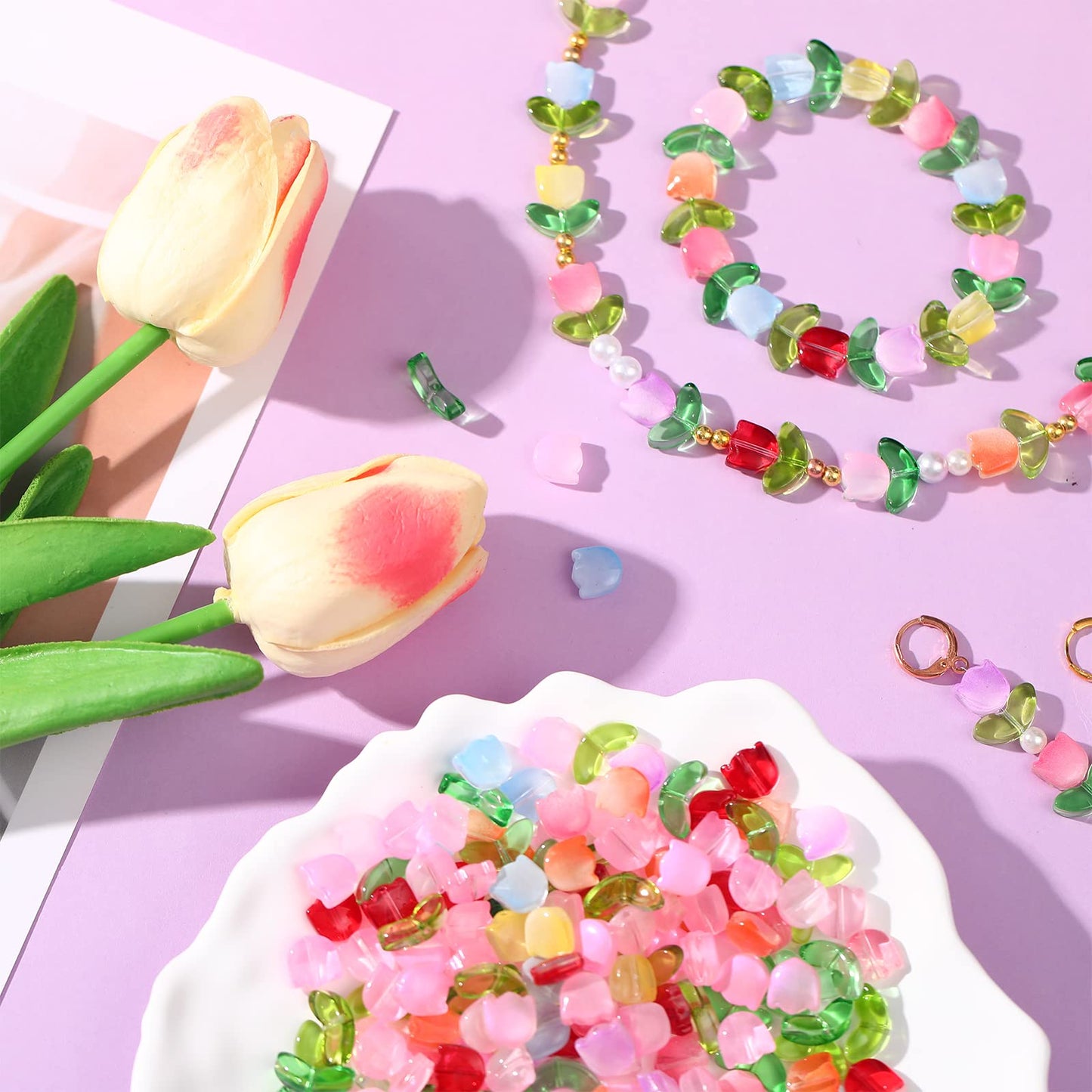 Huquary 320 Pcs Colorful Translucent Tulip Flower Beads Handcrafted Tulip Glass Spacer Bead Crystal Loose Glass Flower Beads for Jewelry Making Earring Bracelet DIY Craft Spring Summer Gifts