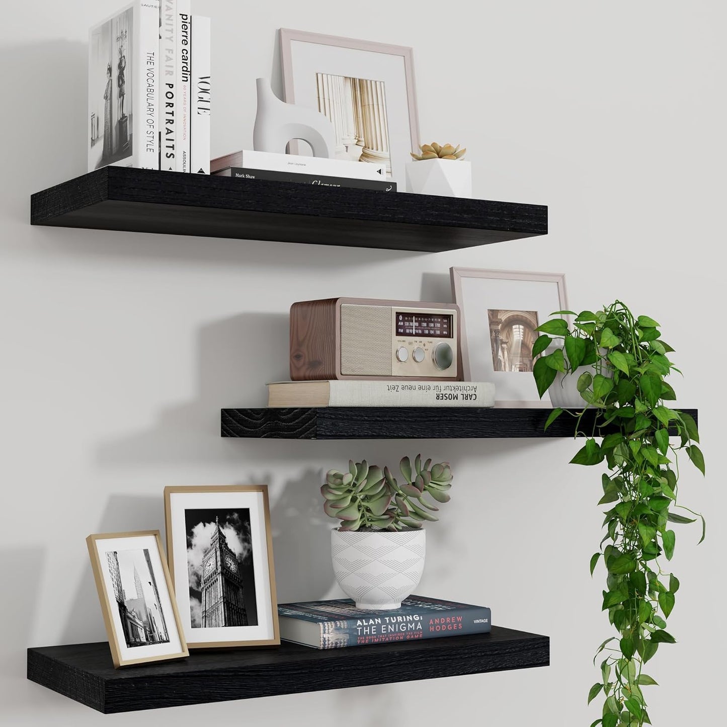 Marsmiles Wood Floating Shelves for Wall Set of 3, 17 Inch Wide Rustic Wooden Floating Shelves, Invisible Wall Mounted Display for Living Room Bedroom Kitchen Bathroom Office, Black