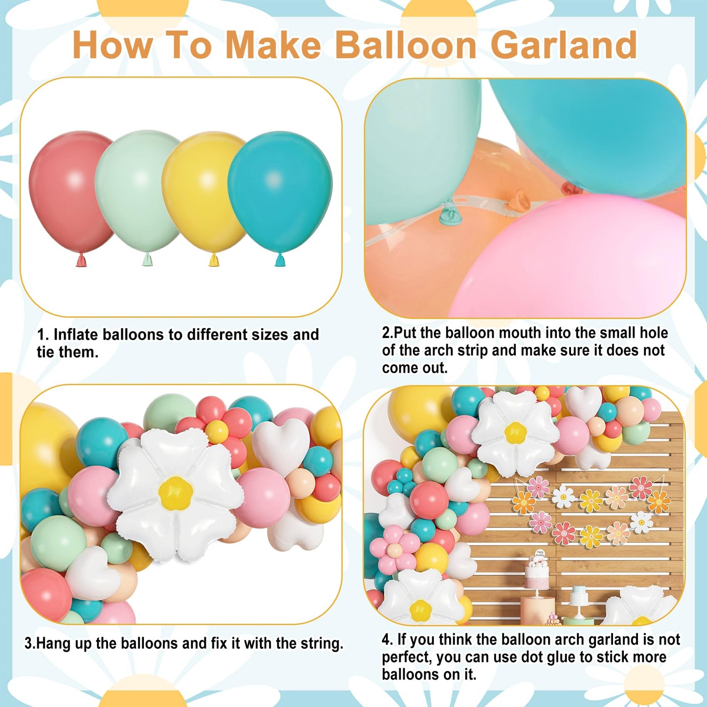 161pc Daisy Balloon Garland Arch Kit, Pastel Groovy Flower Party Decorations with Pink Yellow Orange Blue Green Daisy Banners for Baby Shower Retro Hippie Two Groovy Boho Birthday Party Decor