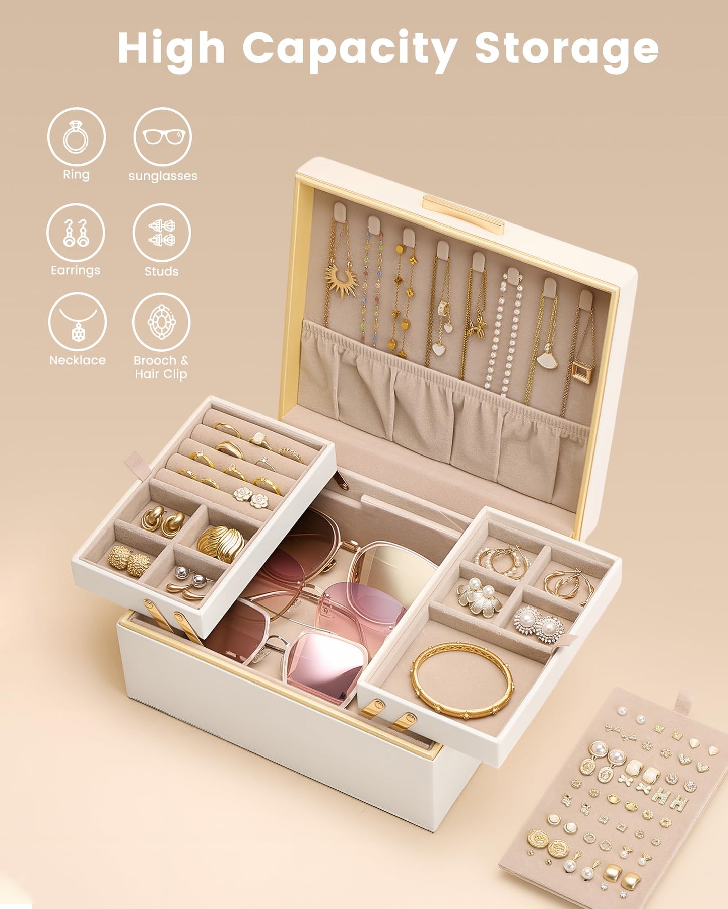Lolalet Cream 2 Layer Jewelry Box Organizer with Drawers and Beige 12 Slots Travel Necklace Organizer Bundle, Jewelry Storage and Travel Solution