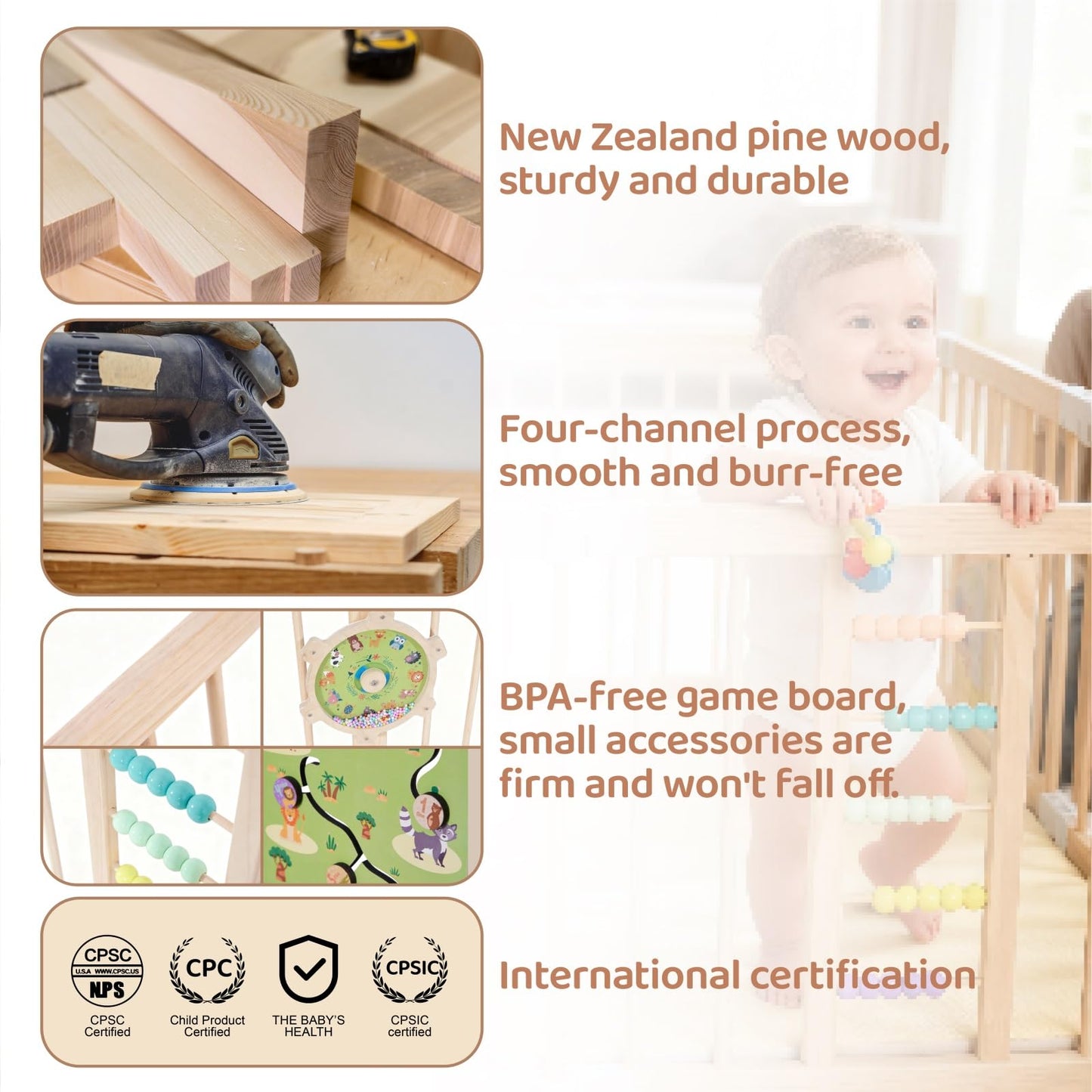 Wooden Baby Playpen, Large Foldable Play Yard for Babies and Toddlers, 57"x57"x24" Montessori Play Fence with Activity Center,Easy Fold & Safety Gate for Indoor Play Area