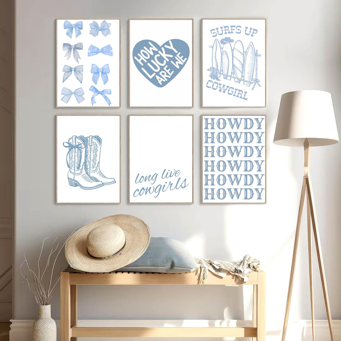 Coastal Cowgirl Wall Art Prints Set of 6 Trendy Blue Bow Boots Surfer Posters Coastal Granddaughter Preppy Aesthetic Wall Decor Pictures for Girly Bedroom Dorm Apartment Decoration Unframed 8x10in