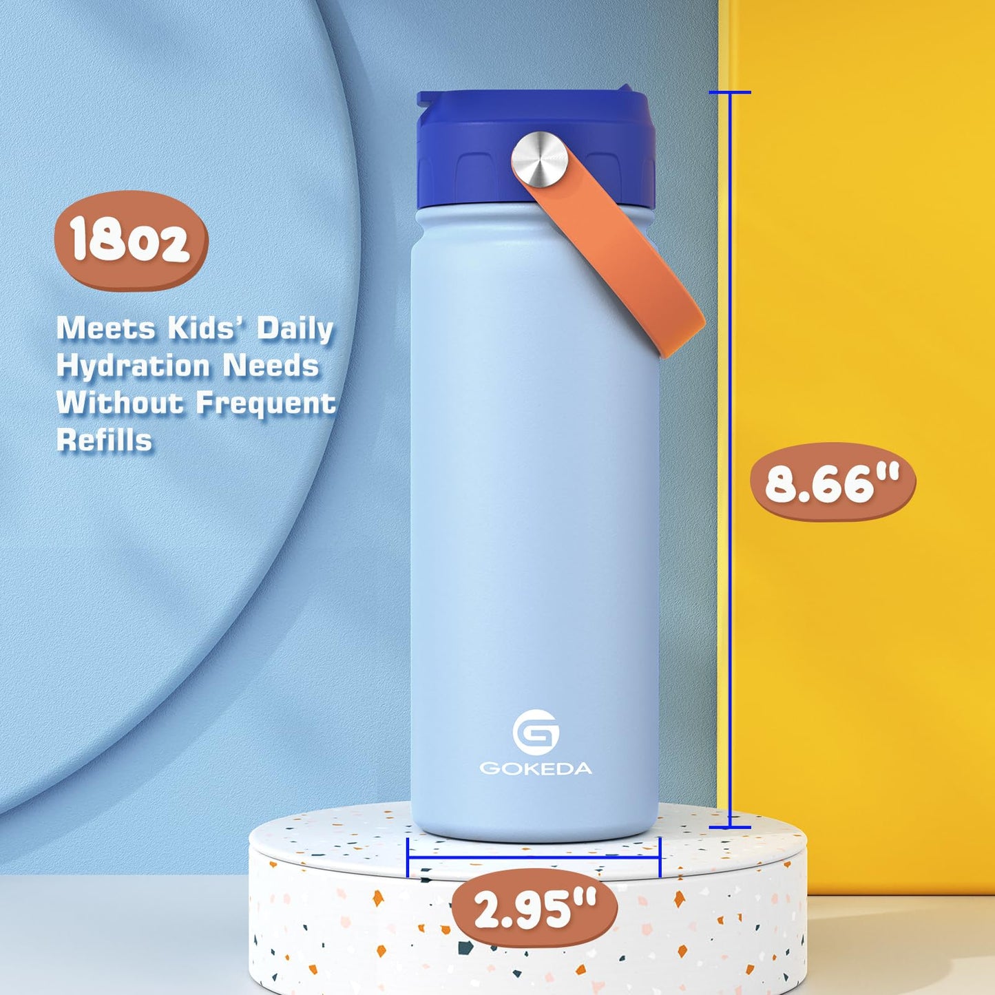 GoKEDA 18oz Kids Water Bottle, 2 Pack Insulated Bottles with Stickers, 18/8 Stainless Steel Vacuum Leak Proof Straw Cup for School, Gifts for Boys(Light Blue, Dark Blue)
