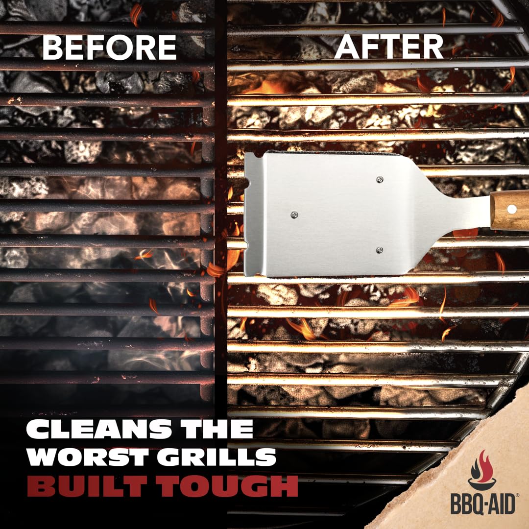 BBQ-AID Bristle Free Grill Brush and Scraper for Barbecue - Extended Large Wooden Handle with Replaceable Head - No Scratch BBQ Cleaning Accessories for Outdoor Grills