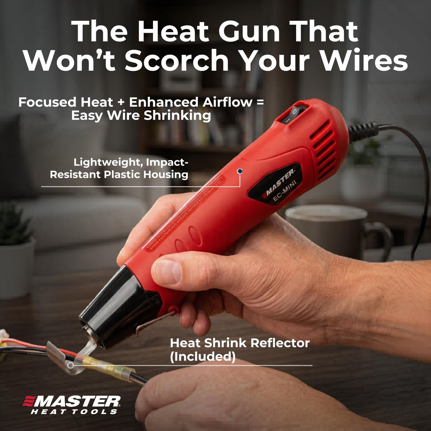 Master Appliance EC-MINI Heat Gun for Crafts, Shrink Wrap, Heat Shrink Tubing, Wire Connectors, Electrical Connectors, Epoxy Resin, Candle Making Heatgun, Embossing Hot Air Gun w/Heat Shrink Reflector