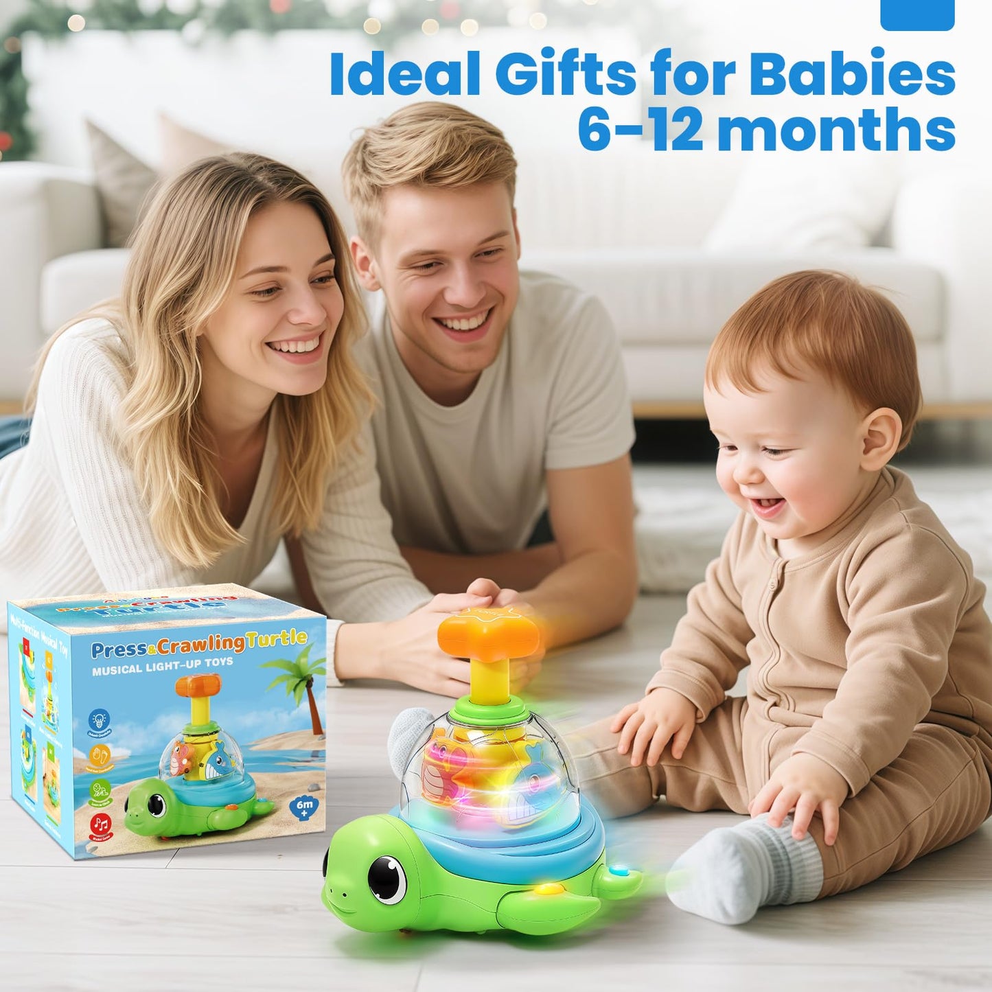 Baby Crawling Toys 6-12 Months, Musical Light-up Toys for 1 Year Old, Press to Spin Turtle for Cause and Effect, Infant Tummy Time Early Learning, Christmas Birthday Gifts Boy Girl 7 8 9 10 11 Month