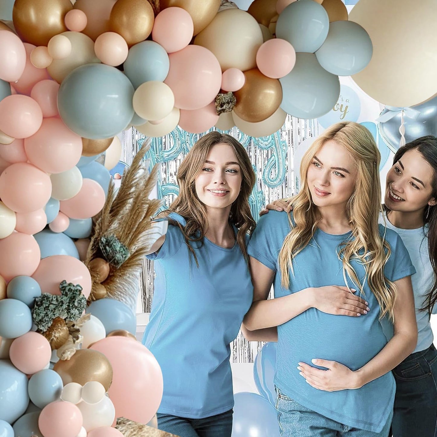 Gender Reveal Balloon Arch Kit, 144PCS Dusty Pink and Blue Balloons Chrome Gold Sand White Balloons for Boy or Girl Gender Reveal Boho Bachelorette Birthday Wedding Bridal Bear Theme Decorations