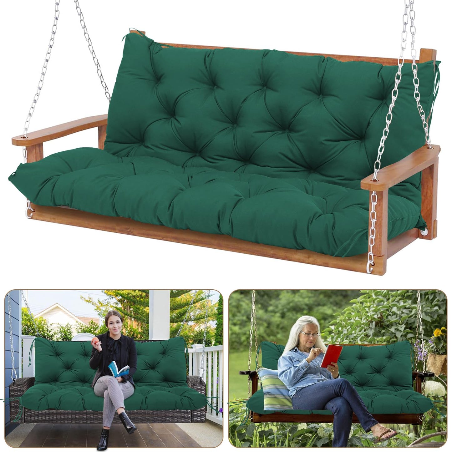Durable Extra 5" Thick Outdoor Swing Cushions 3 Seater Waterproof Replacement Porch Swing Cushions with Backrest and Ties Fade-Resistant for Outdoor Patio Long Bench Furniture(Dark Green 60×40×5")