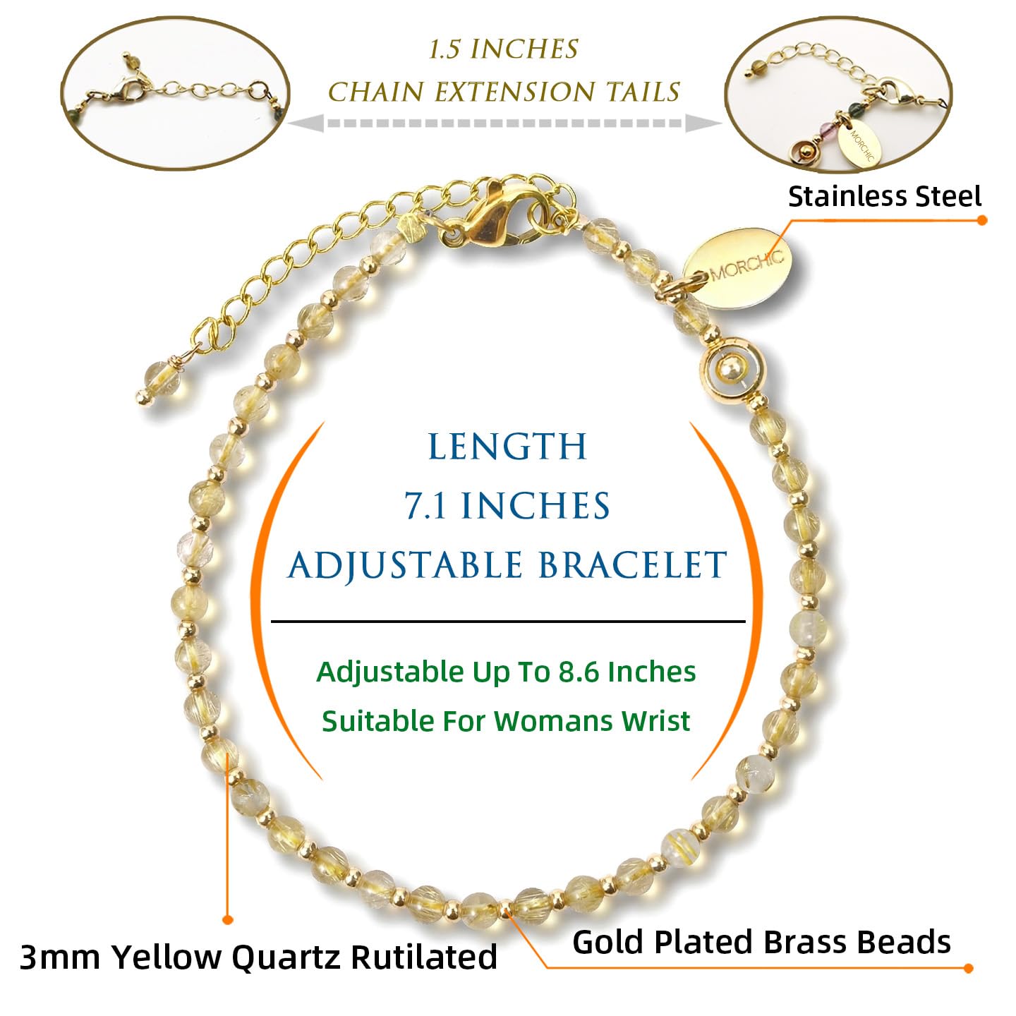 Morchic 3mm Yellow Rutilated Quartz Natural Gemstone Beaded Bracelet for Women, Dainty Charm Jewelry, Adjustable 7.1-8.6", Ideal Birthday Holiday Gift