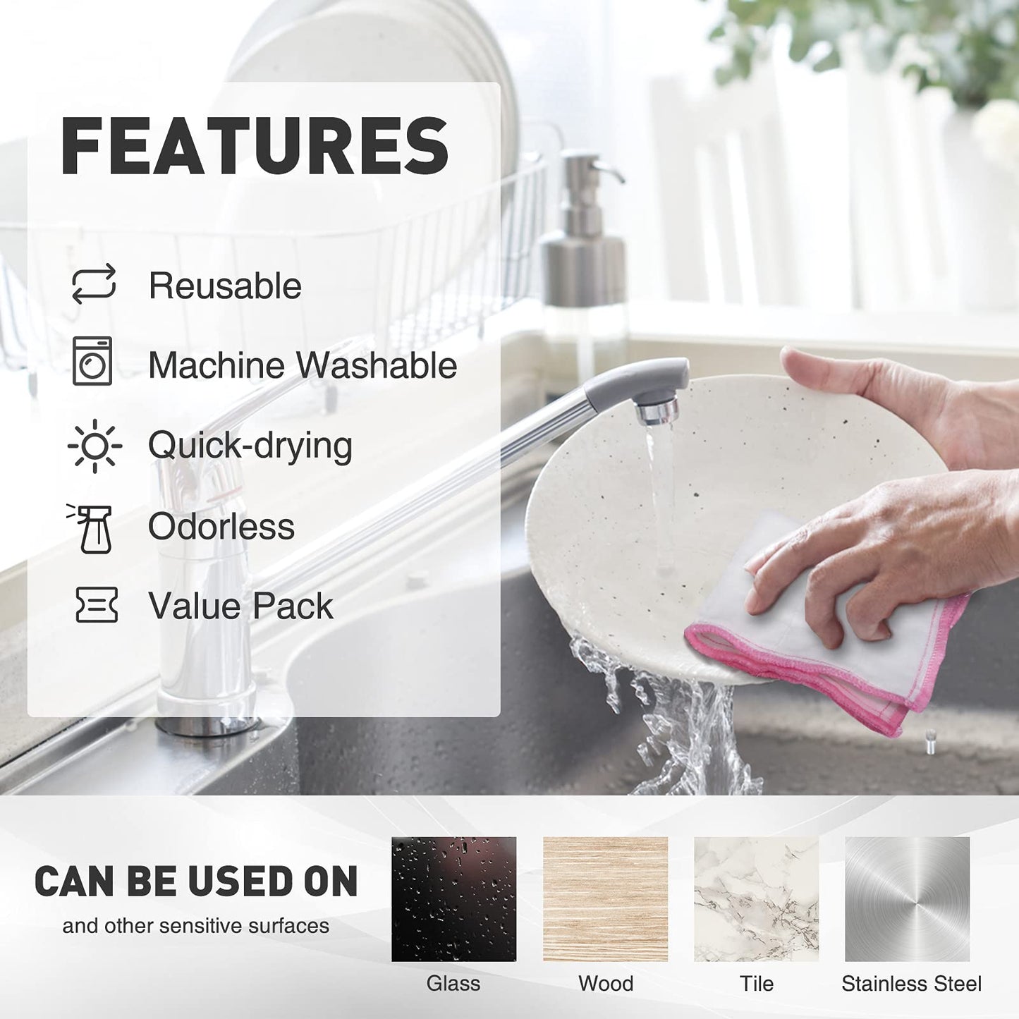 OnBrand Naturally Wood Fiber Cleaning Cloth, Microfiber Cleaning Cloths, 10 Pcs (12" x 10.7" Each), 8 Layers High-Density Super Absorbing Dish Cloths, Reusable General Kitchen Towel