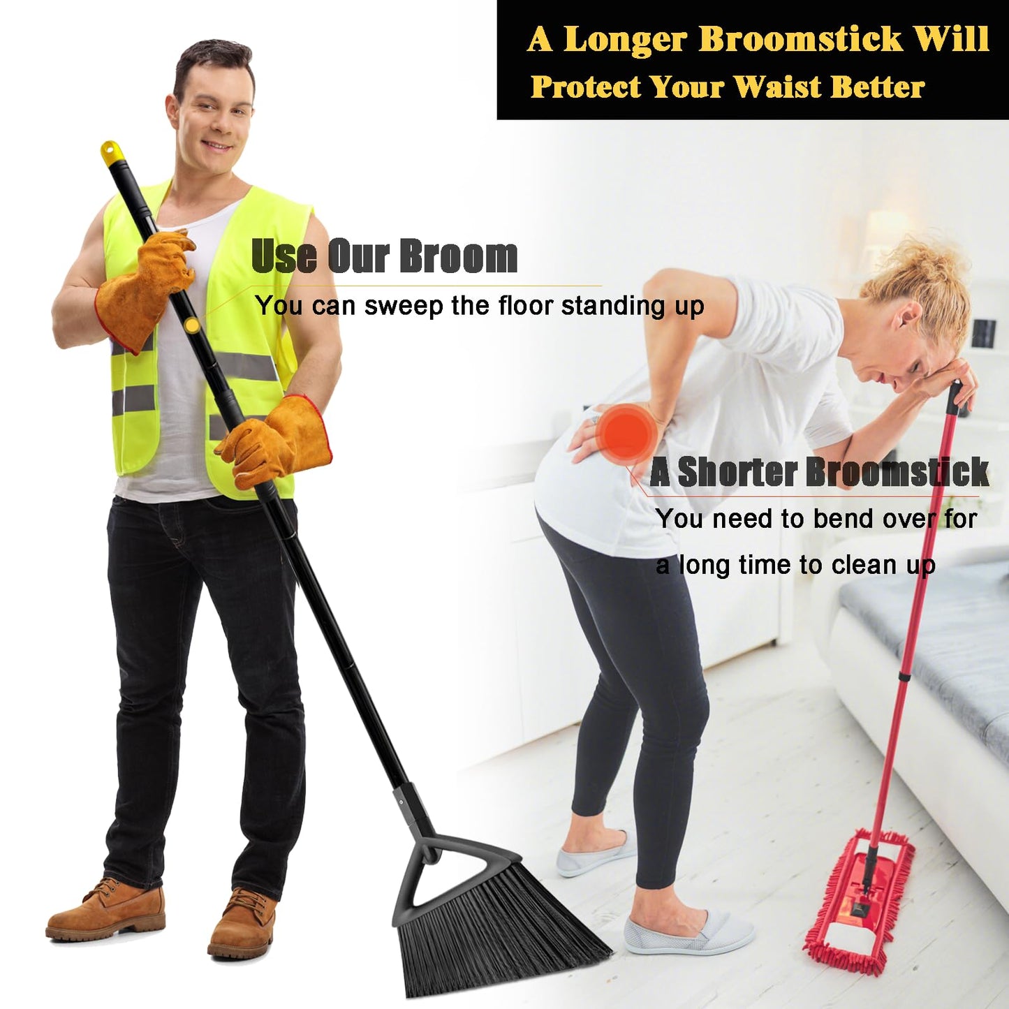 PUTNATRUE Heavy Duty Commercial Broom, 3 Pack Upgraded Angle Brooms for Sweeping Outdoor and Indoor, Perfect Black Brooms of House, Kitchen, Garage, Courtyard, Concrete