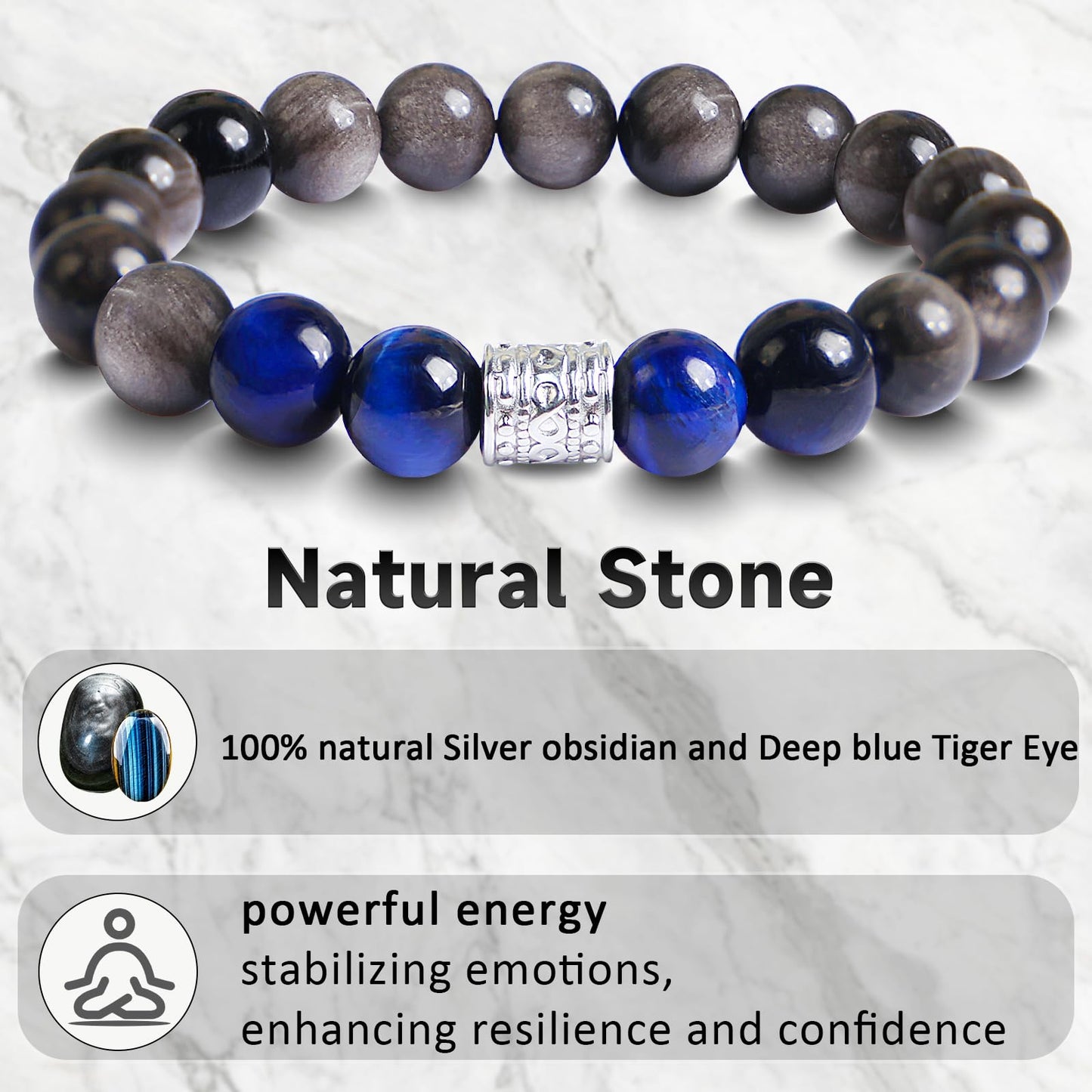 Tiger Eye Obsidian Beaded Bracelets For Men Gemstone Bracelets For Men &Women Fashion Natural Stone Men‘s Jewelry (black silver& blue)