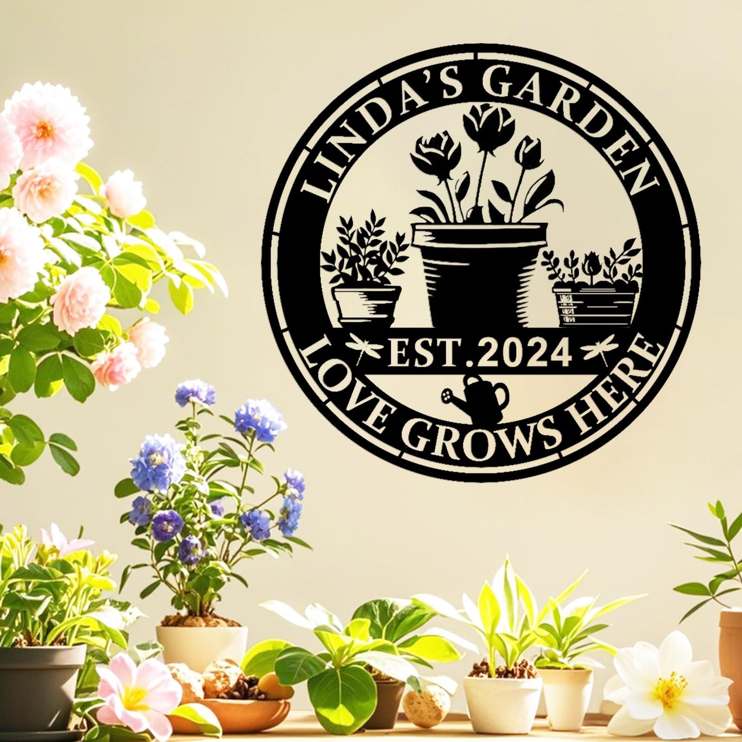 Custom Garden Flowers Pot Metal Sign,Personalized Name Sign Garden Wall Art Decor,Garden Plaque Decor,Garden Signs with Name and Date, Metal Sign for Home Wall Hanging Outdoor Decorate Garden