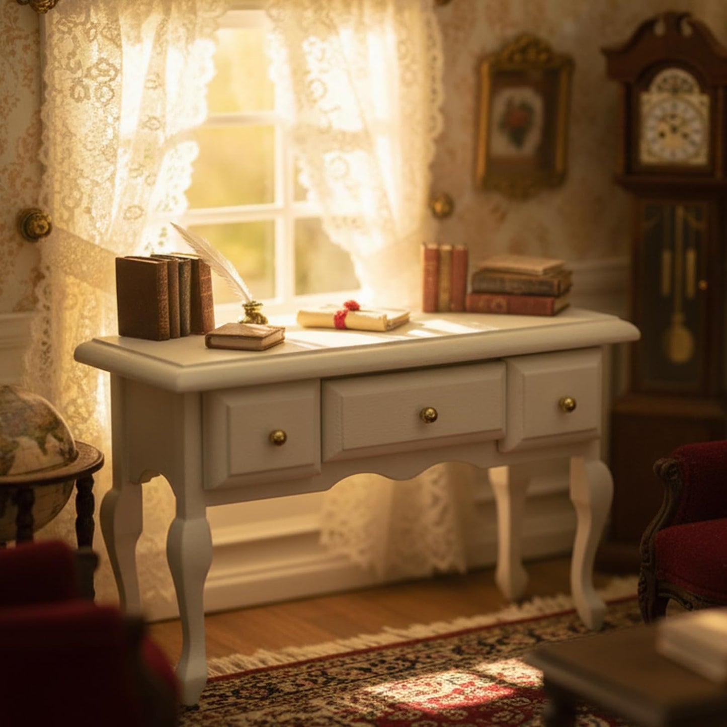 Miniature Table 1:12 Furniture for Dollhouse Accessories Writing Desk with 3 Drawers Miniature Room Ornaments Living Room Bedroom Library Scene Decoration (White)