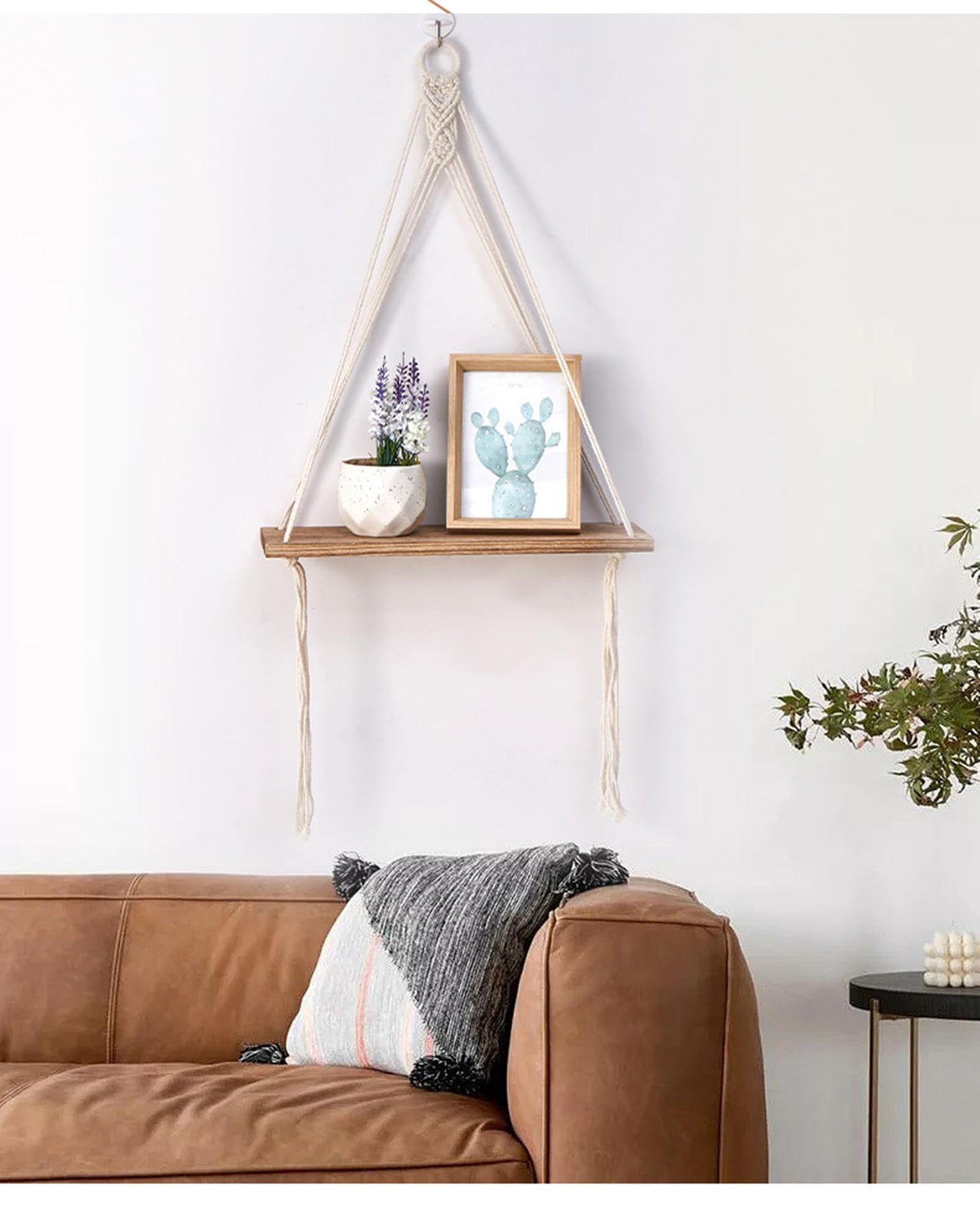 DD-life 2 Pcs Macrame Rope Triangle Shelf Wooden Wall Hanging Shelves Macrame Hanging Shelf Farmhouse Rustic Modern Plant Aesthetic for Room Nursery Bathroom Living Room College Dorm Room