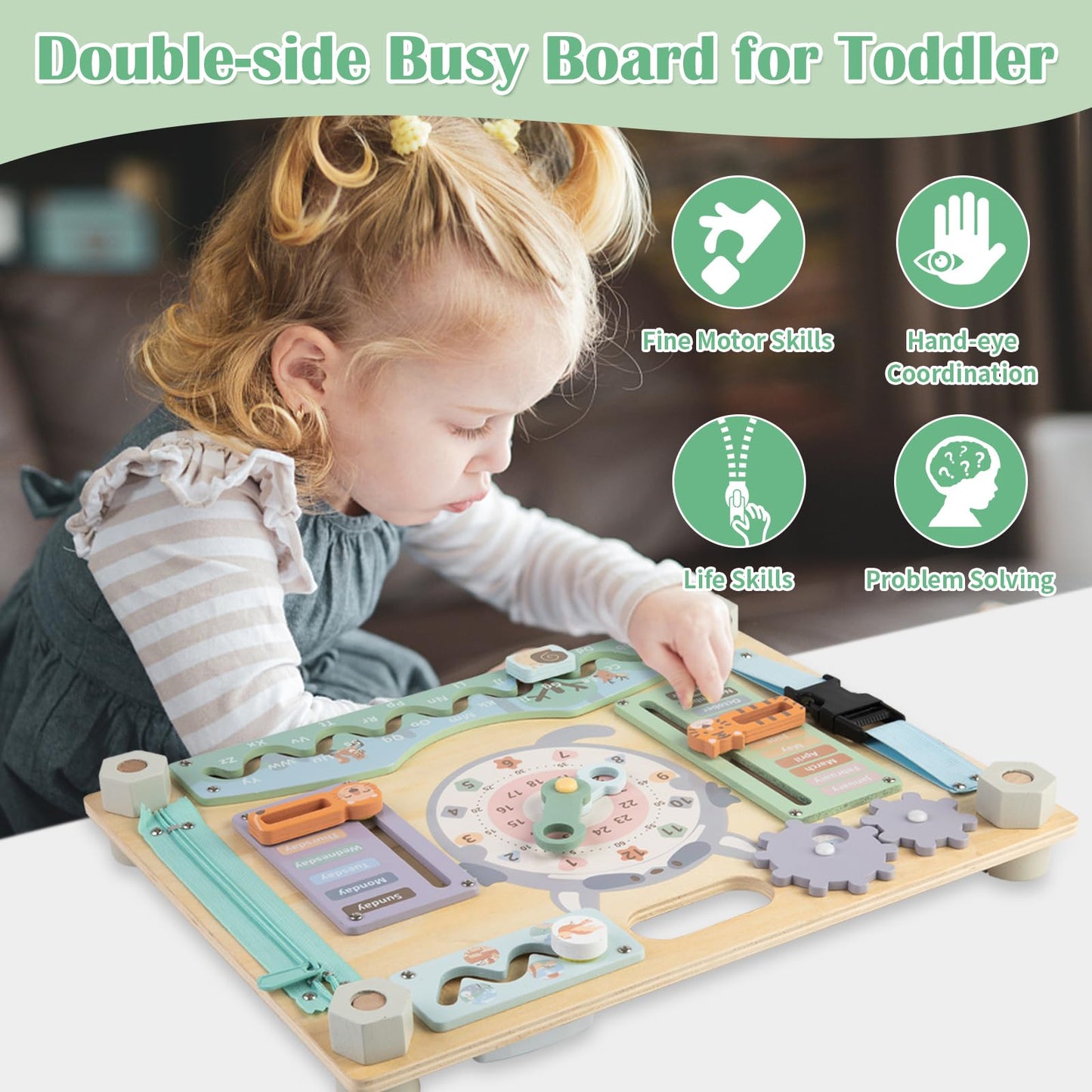 Smartwo Double-Sided Wooden Busy Board for Toddlers, Sensory Activity Board, Montessori Travel Toy for Kids, Educational Toy for Autism, Ideal Choice for Baby Girls or Boys Birthday
