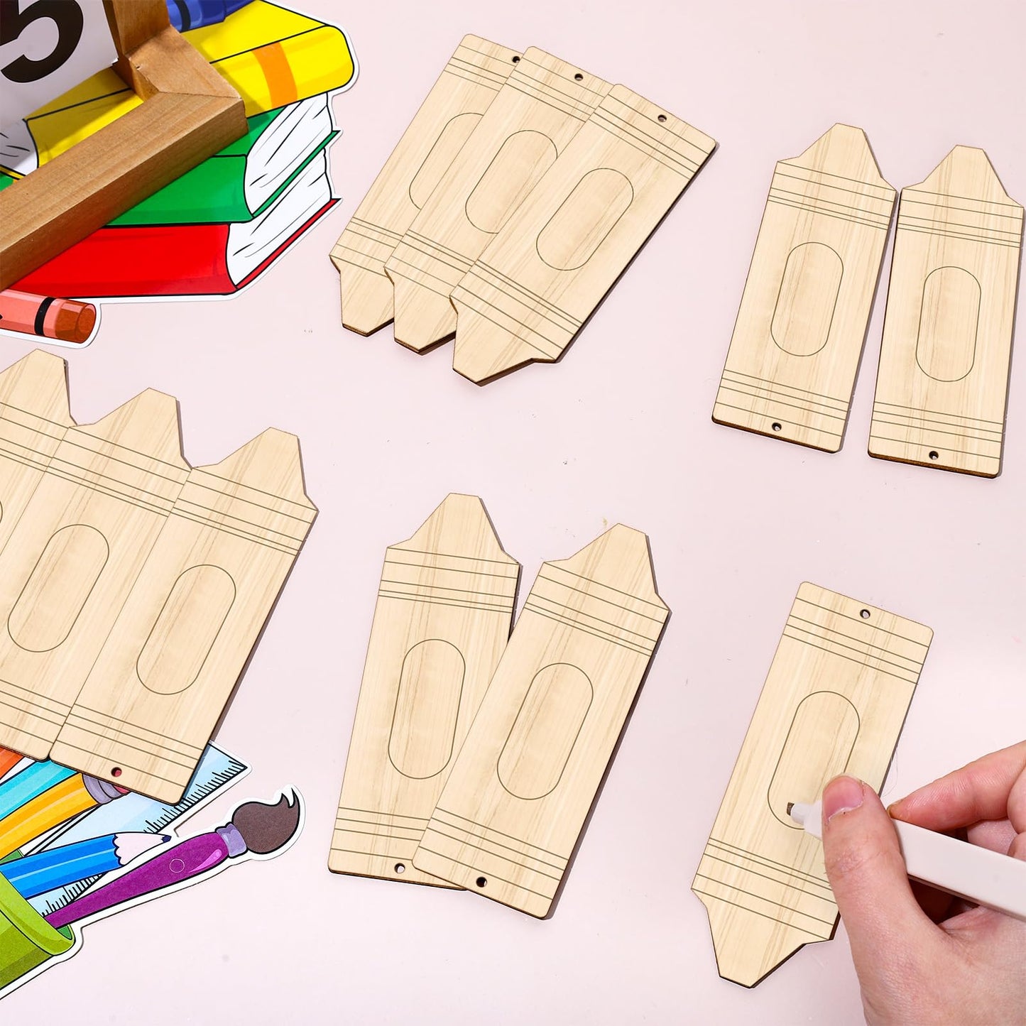 Whaline 20 Pcs Back to School Wooden Crayon Cutouts Blank Crayon Hanging Ornaments with Hemp Rope for First Day of School Classroom Party Decoration DIY Crafts Supplies