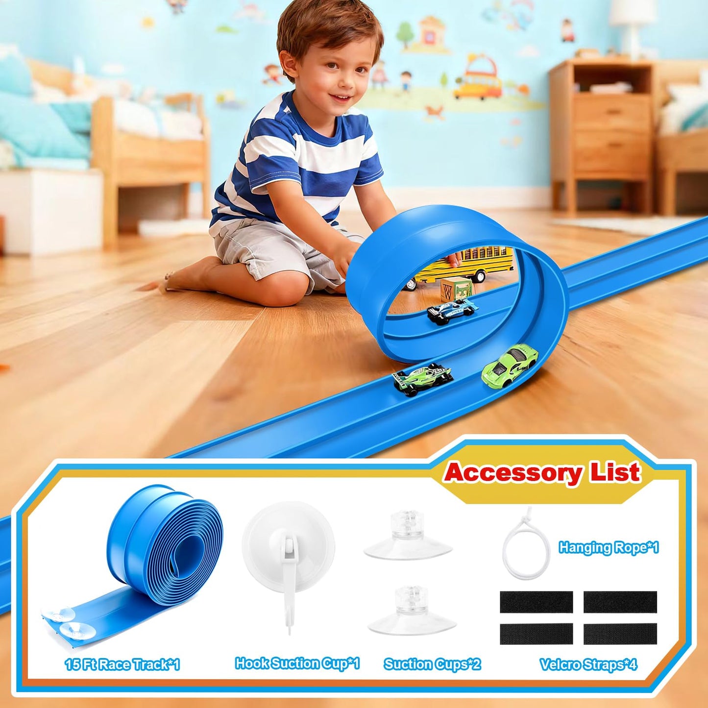 Flexible Race Track Toys for Kids, 15 Ft Flex Tracks Starter Set with Strong Suction Cups - Compatible with Hot Wheels and Diecast 1/64th Cars, Rolls up Portable Race Car Ramp Track (Blue)