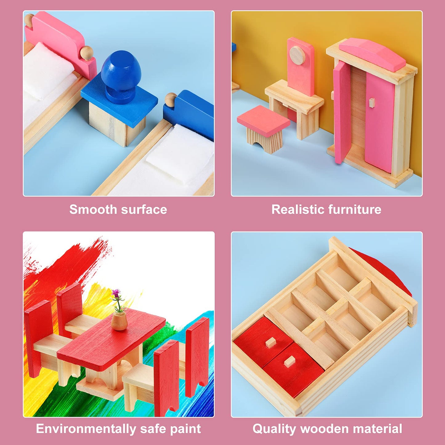 Sumind 35 Pcs Wooden Dollhouse Furniture with 8 Family Figures, Montessori Educational Wood Dolls House Accessories for 1:12 Scale, Preschool Imaginative Play Kit for Girls and Boys