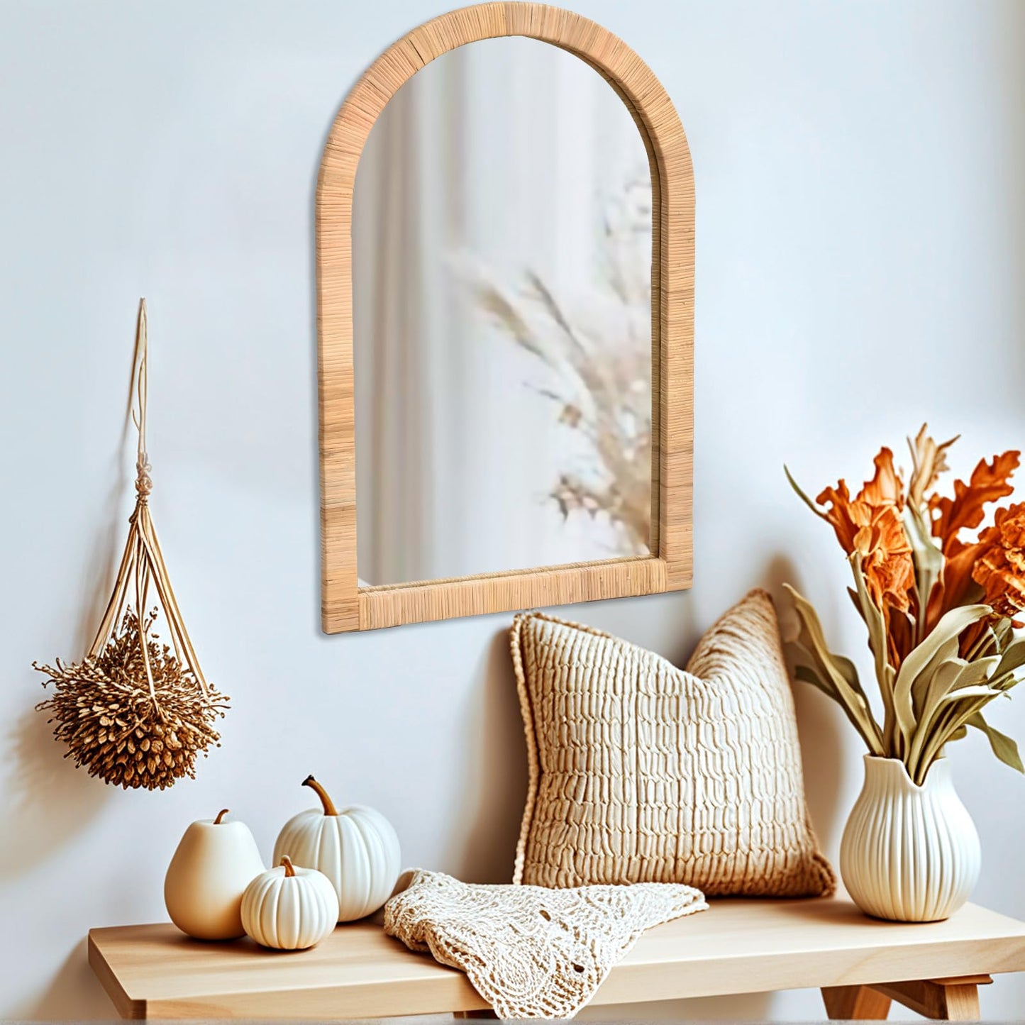 FUIN Boho Rattan Wall Mirror 20×30 Inch Arched Natural Rattan Frame – Farmhouse Bathroom Vanity Mirror – Wicker Decorative Hanging Mirror for Living Room, Bedroom, Entryway