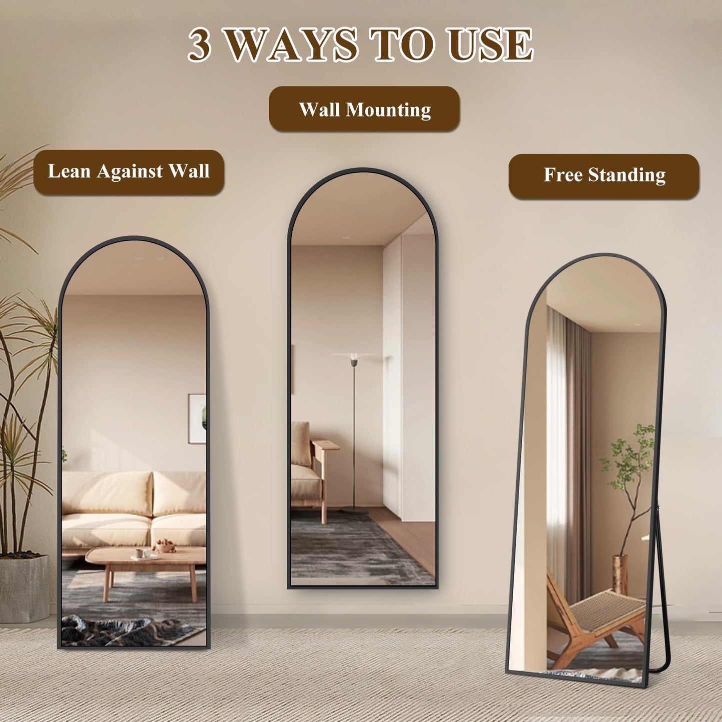 TRUNBACK 56"x18" Full Length Mirror with Stand, Shatterproof Arched Floor Mirror, Aluminum Alloy Thin Frame - Freestanding/Leaning/Wall Mount for Bedroom, Living Room & Entryway (Black)