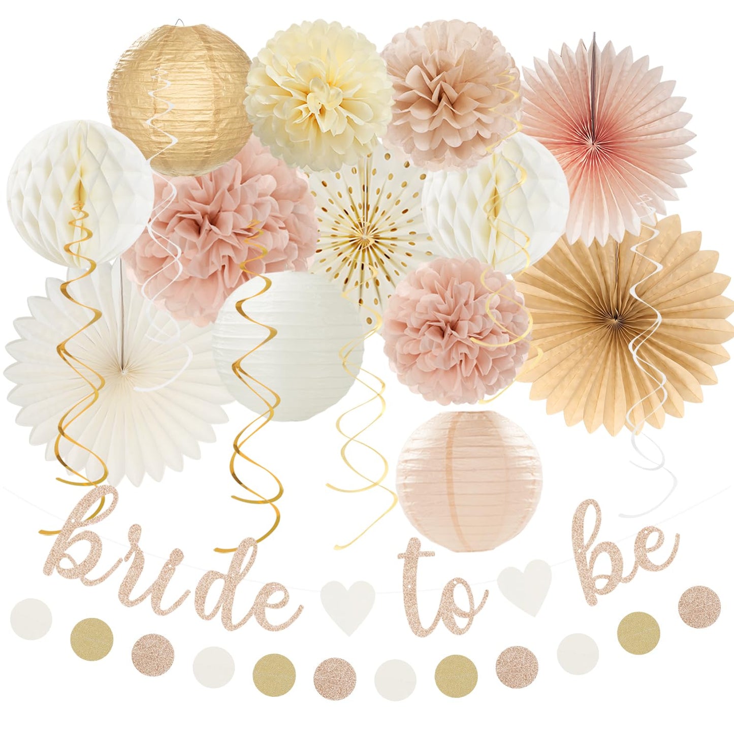 Champagne-Gold Beige Fall Boho Bachelorette Party-Decorations - 21pcs Women Bridal Shower Banner Garland,Bride To Be Paper Streamers Lanterns,Flower Tissue Pom Poms Fan Favors Wedding Decor Huglony