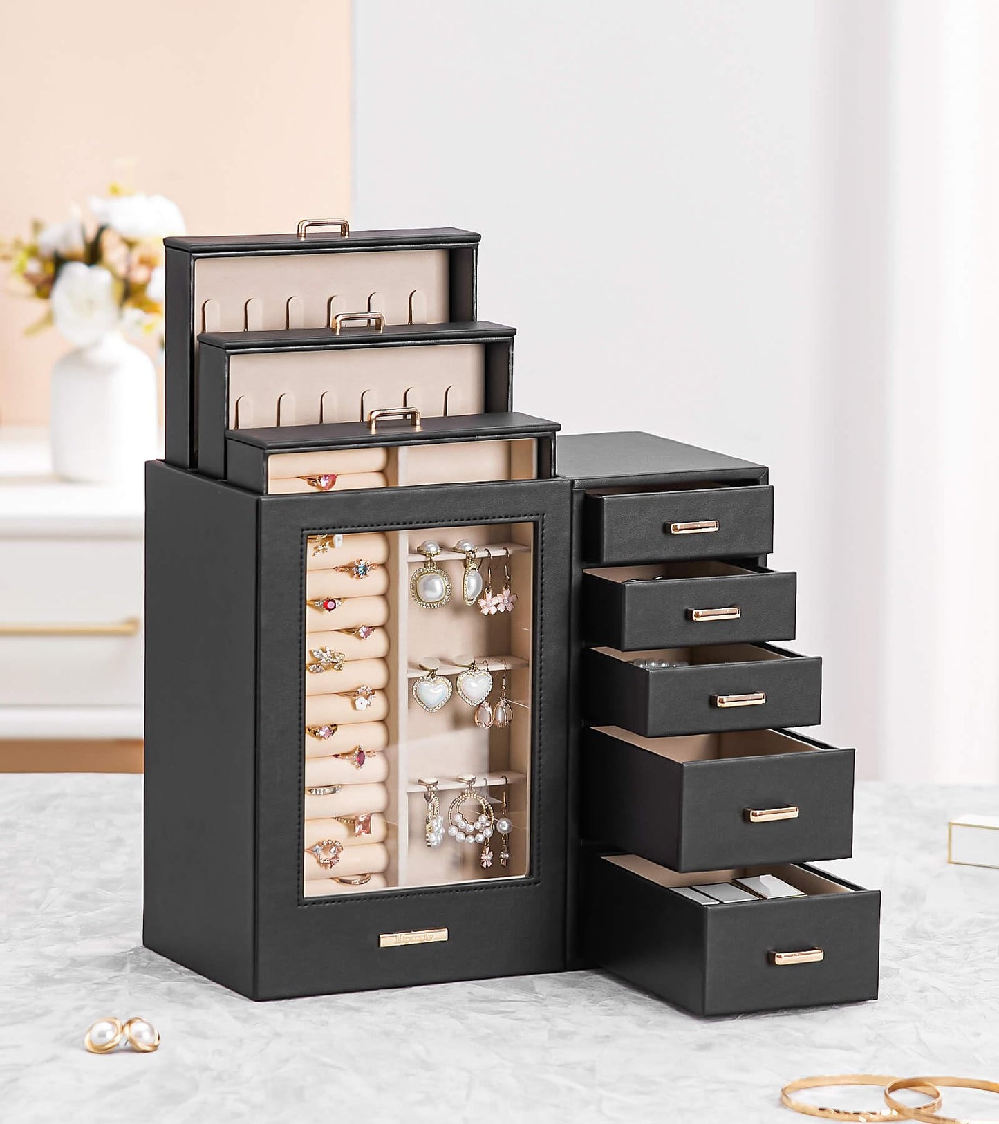 Homde Jewelry Organizer large for Dresser: Big Jewelry Box for Women - Holder with Drawers - Elegent Necklace Earring Ring Display Modern Gift (Black)