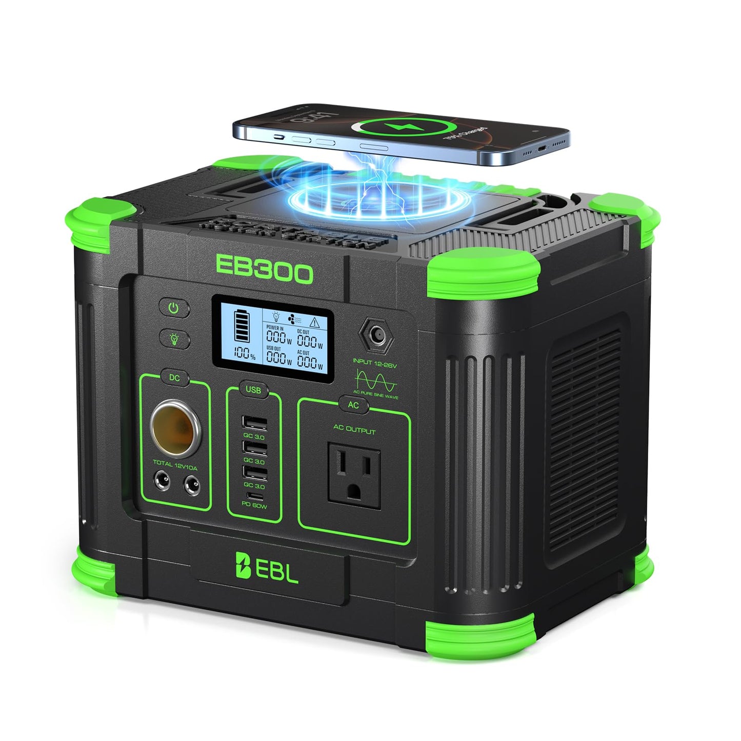 EBL Portable Power Station 300W 288.6Wh Solar Generator with 330W AC Outlet, SOS LED Light, Wireless/DC/USB-C Charging Backup Battery for Camping, Outdoor, Home Blackout, RV Travel