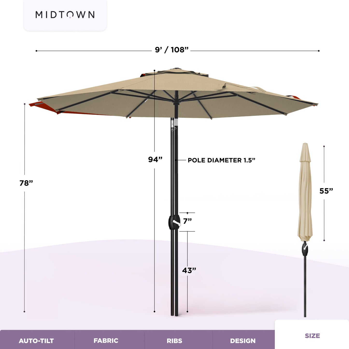 Midtown Umbrellas - 10-Year-No-Fade 9 Ft Patio Umbrella with Terylast Fabric, Auto-Tilt Aluminum Frame and 8 Reinforced Ribs for Deck, Pool, Garden & Beach - Chestnut Beige Canopy, Black Pole