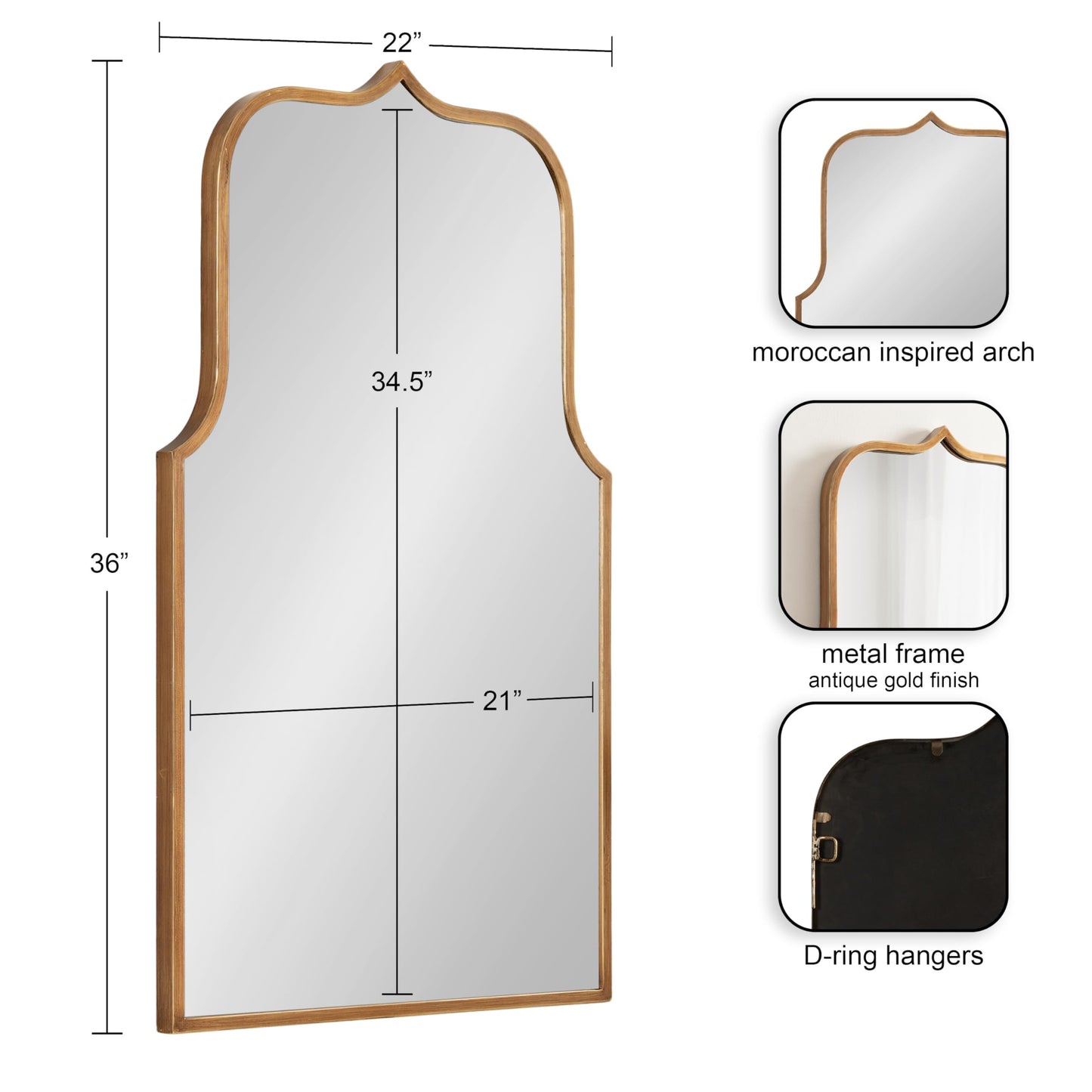 Kate and Laurel Gezella Glam Scalloped Arched Wall Mirror; 22 x 36; Antique Gold; Stunning Glamorous Decorative Tall Arch Mirror with Soft Scallops and Slim Moroccan Frame