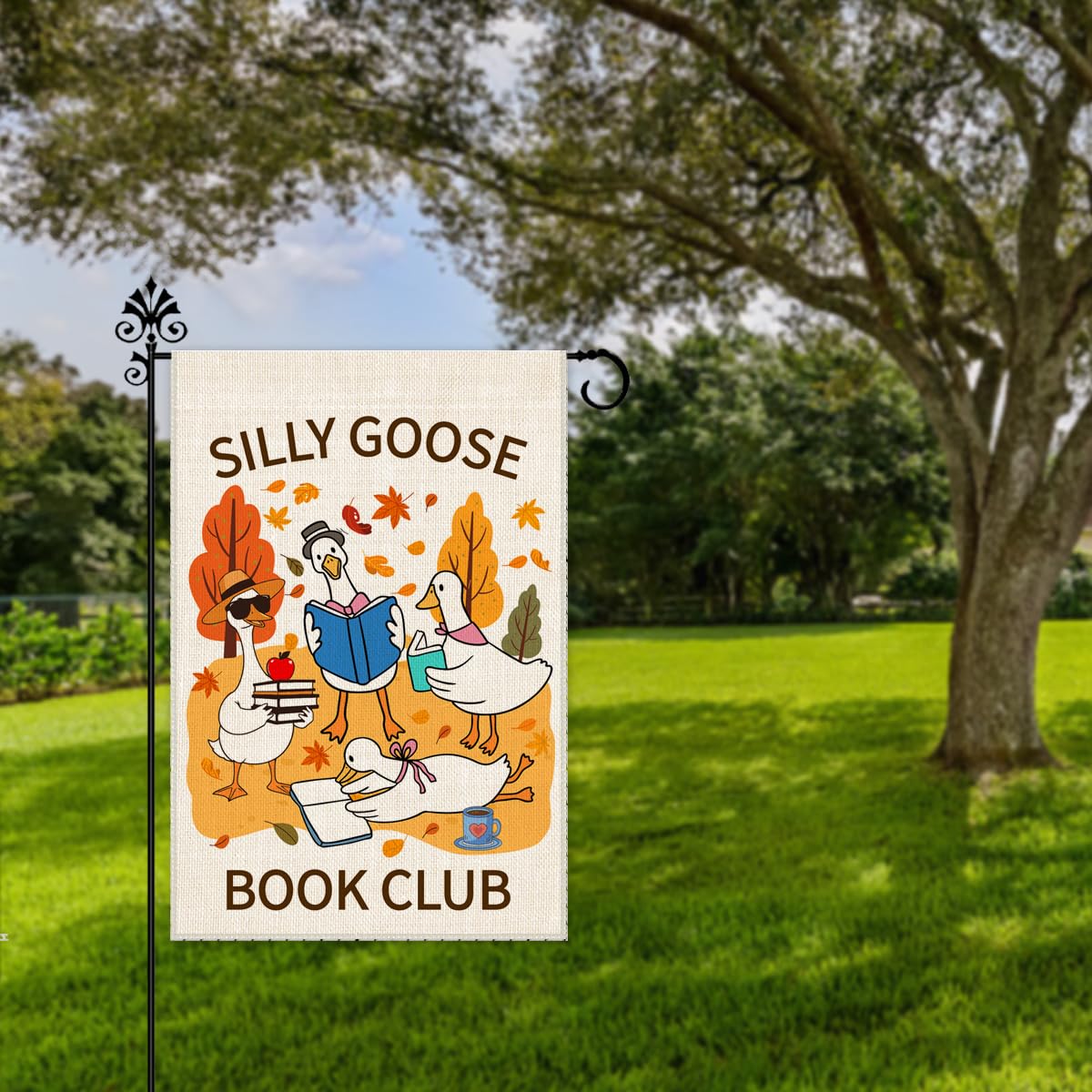 Hafhue Silly Goose Book Club Garden Flag, 12 x 18 Inch Double Sided Funny Duck Book Yard Garden Lawn Porch Court Decor Flag, Fall Season Bookworm Gifts for Book Goose Lover Librarian Books Club Member