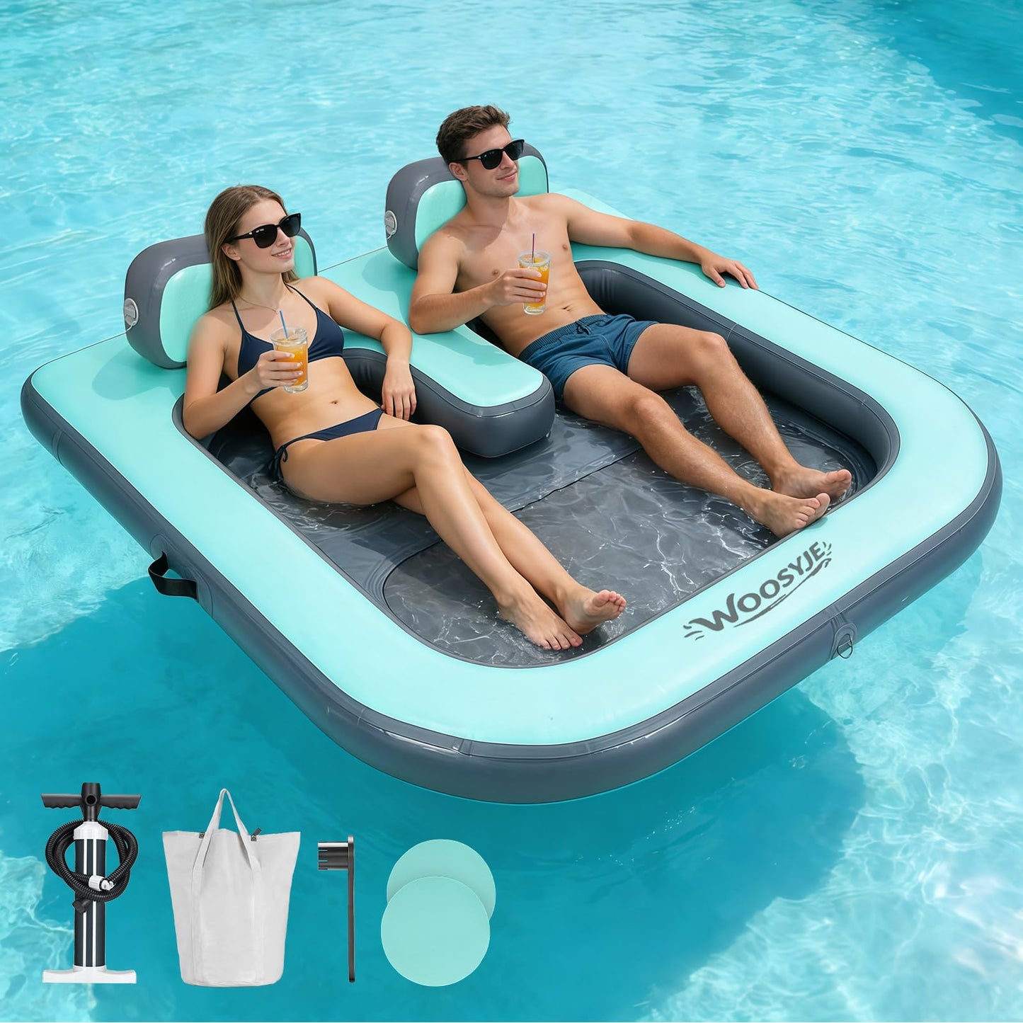 WOOSYJE 2 Person Water Hammock,Sunchill Float,Tanning Pool Floats for Adults,Heavy Duty Drop-Stitch with Mesh Bottom & Backrests,Inflatable Floating Island with Pump