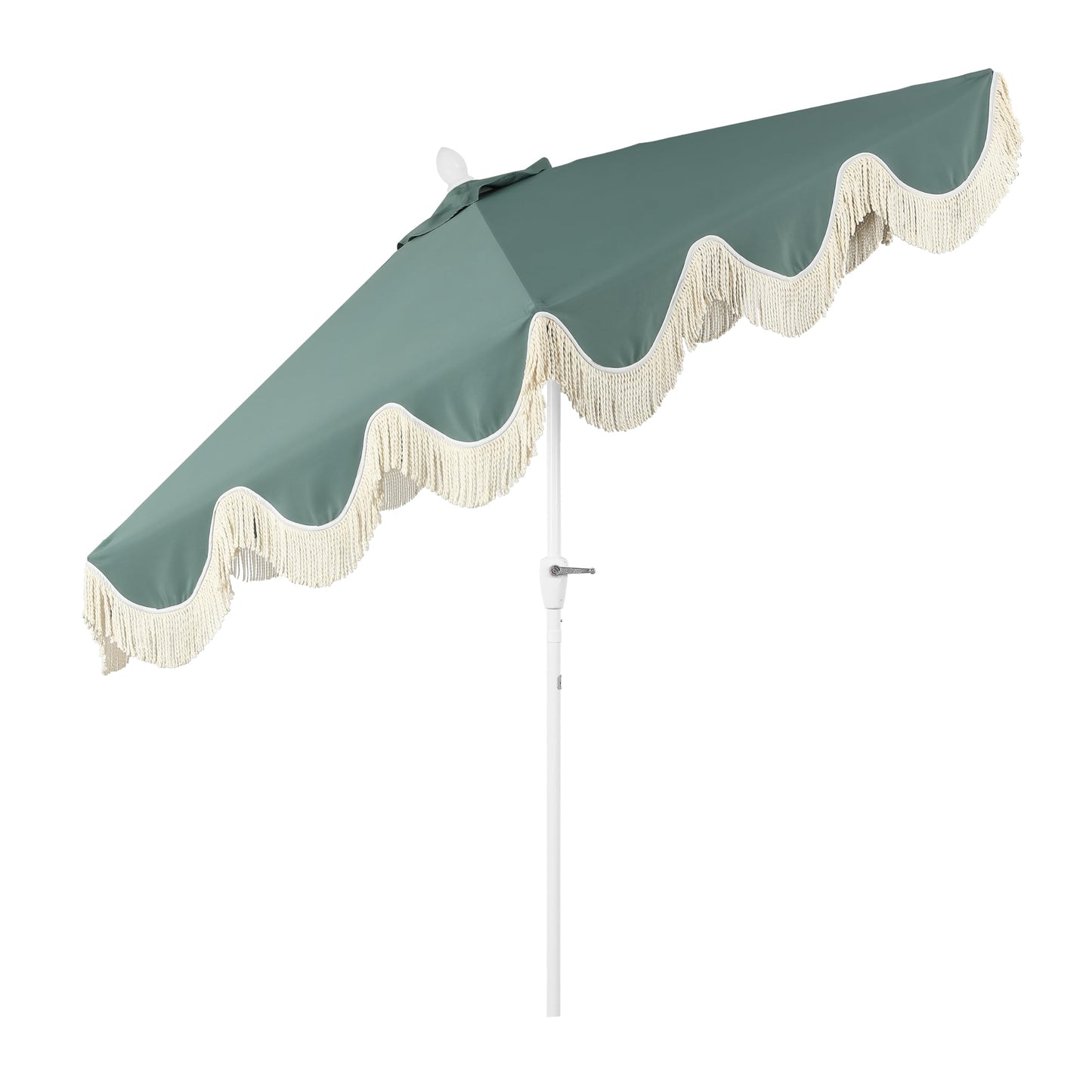 JONATHAN Y UMB1001K Collins 9 ft. Classic Cottage Fringe Tassel Market Patio Umbrella with Auto-Tilt Crank, Wind Vent and UV Protection in Green/Cream, White Pole