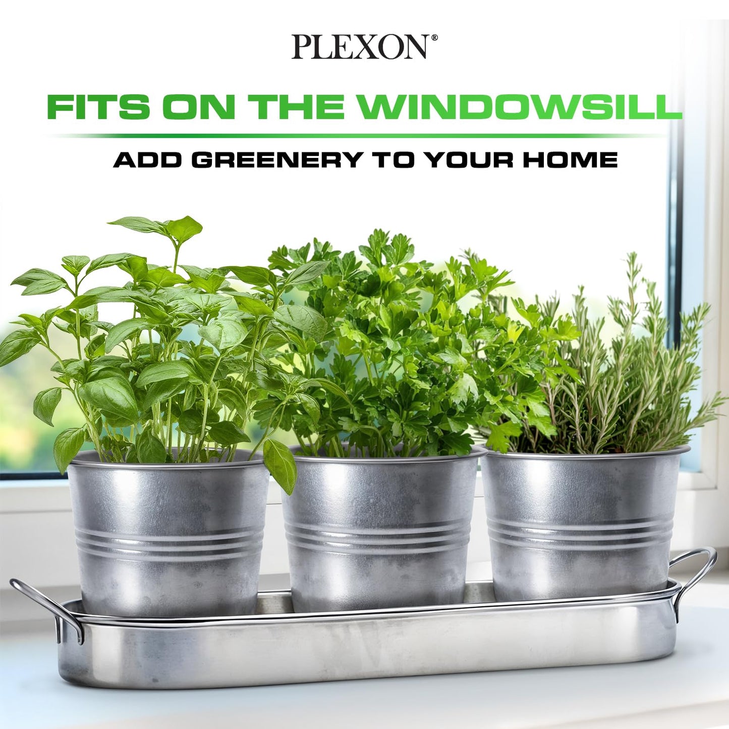 Plexon Herb Planter Indoor Garden Set of 3 with Tray, Metal Herb Pots for Indoor Plants, Round Kitchen Garden Kit Ideal for Windowsill Planter or Countertop, Galvanized Steel