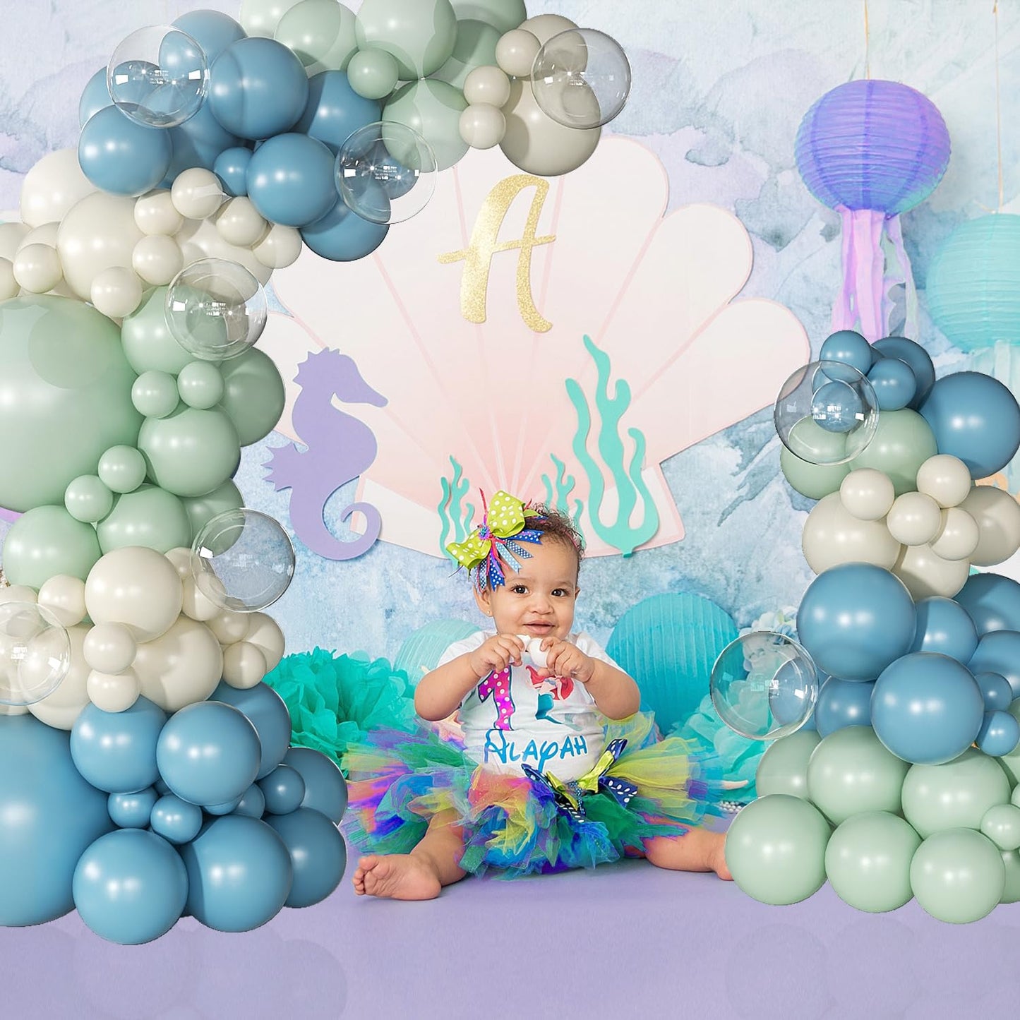 Under the Sea Party Decorations, Dusty Green Blue Under the Sea Balloon Garland Arch Kit, Ocean Themed Party Decorations Baby Shower Birthday Party Decor(136Pcs)