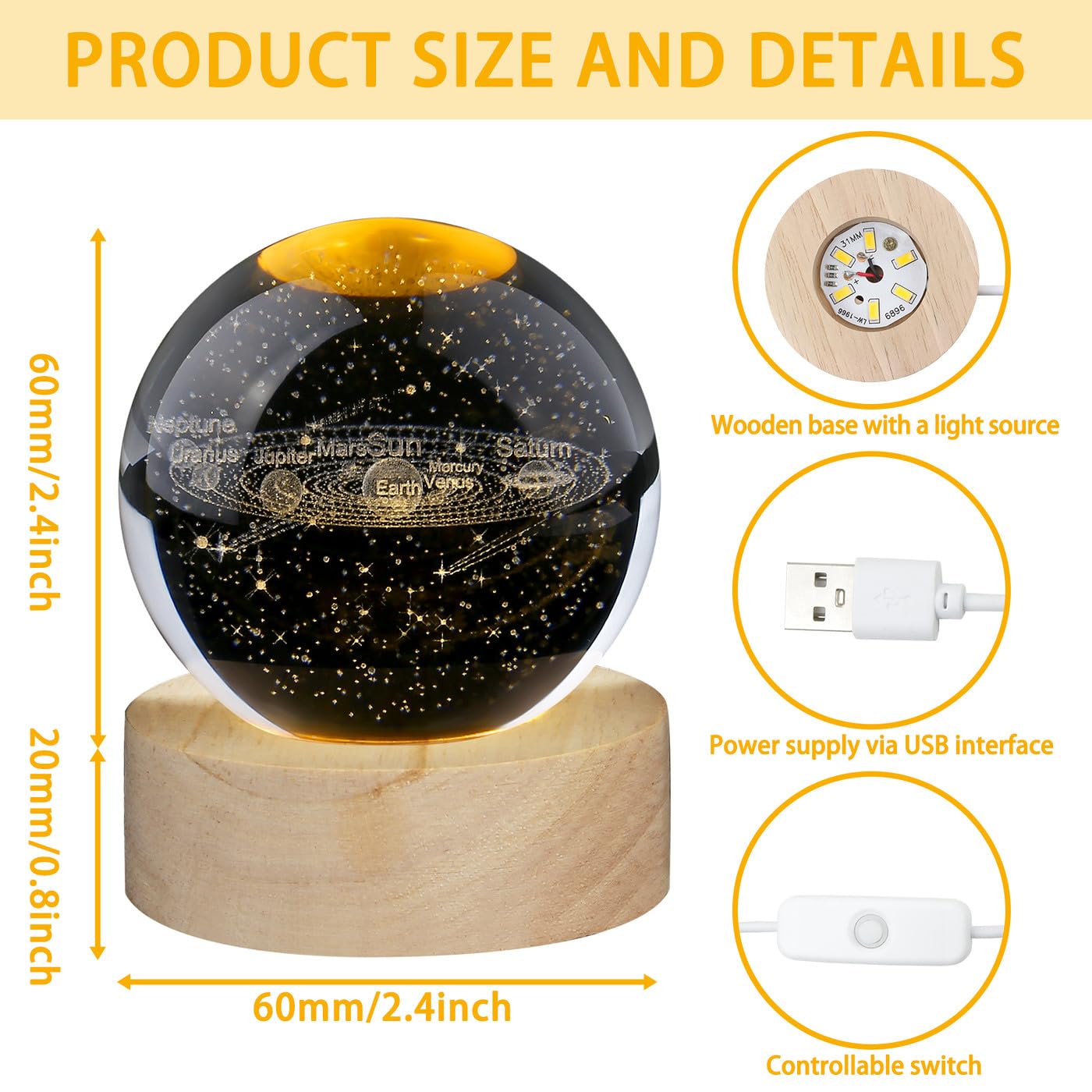 DUQGUHO Solar System Crystal Ball Lamp 2.4inch 3D Universe Astronomy Decor Quartz Glass Ball Globe Figurine Night Light Space Balls Decorative Science Gifts for Adults