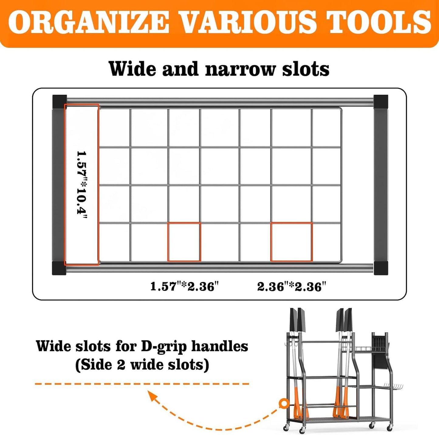 organizelink 36" Large Garden Tool Organizer with Wheels & Side Tool Bag, 3 Tier Rolling Garage Storage Rack for Long Handled Rakes, Shovels, Brooms, Freestanding Yard Tools Cart for Shed & Outdoors