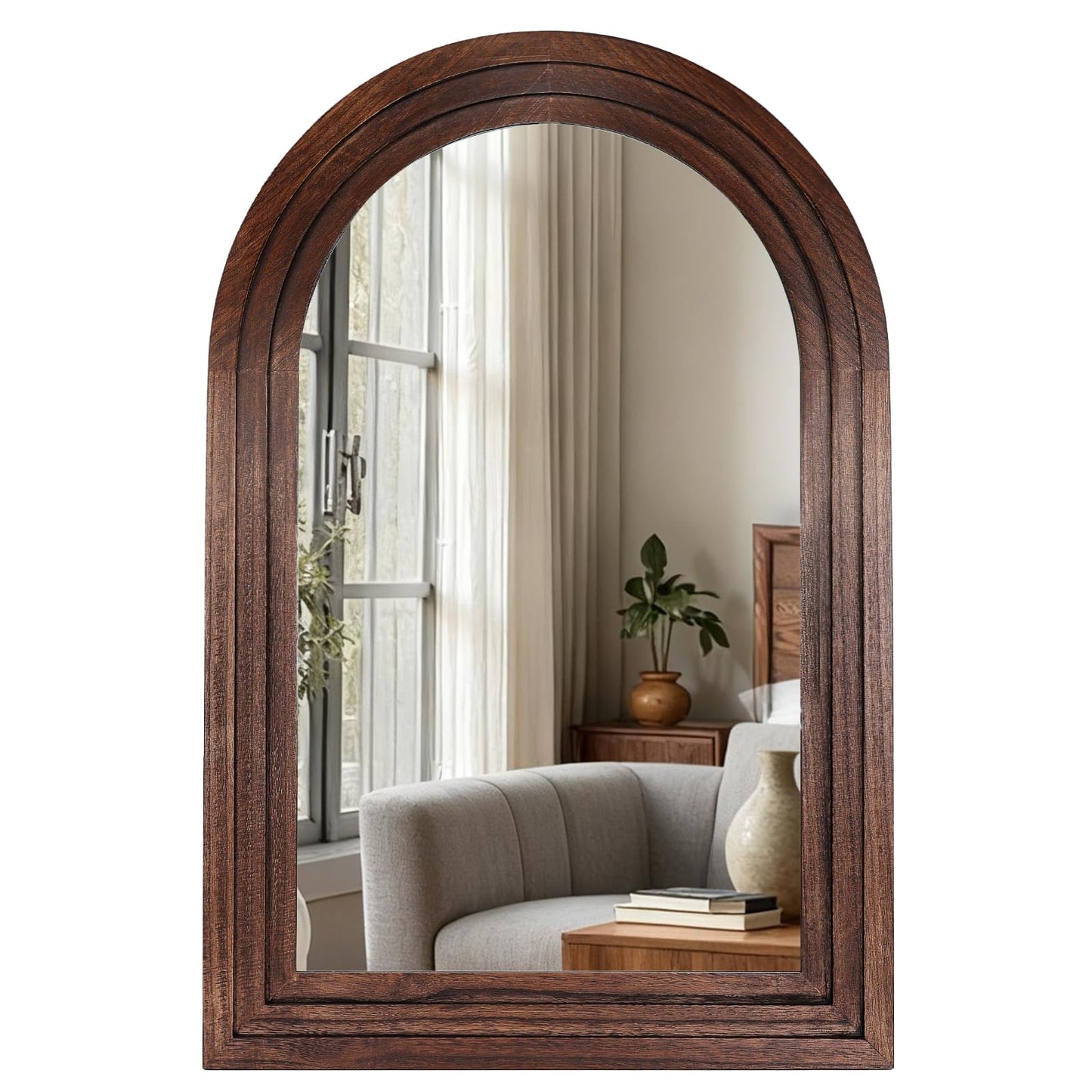 LXWZHK 36"x24" Arched Wooden Frame Wall Mirror, Rustic Vanity Wall Mirror for Bathroom, Bedroom, Brown