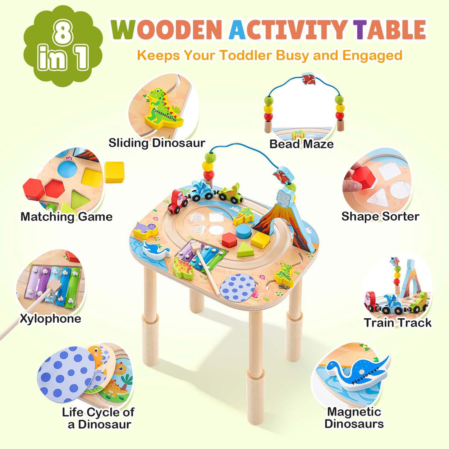 Activity Table for 1 Year Old with Two Height Levels,Wooden Sensory Play Table for Toddlers 1-3,8 in 1 Montessori Learning Toy with Bead Maze, Shape Sorter,Train,Gift for Baby Boys Girls (Dinosaur)