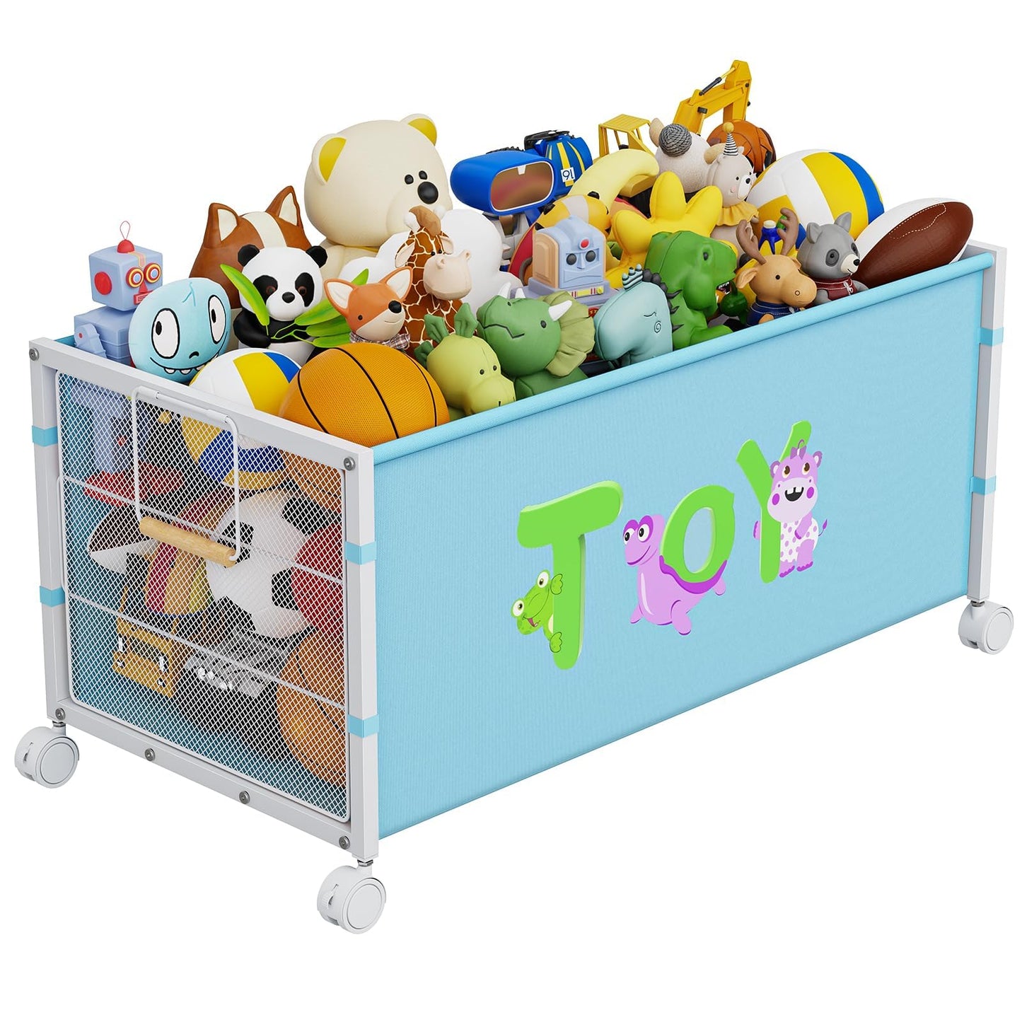 AIJIAMEIER Large Toy Box with Wheels, 120L Toy Boxes for Extra Large Metal & Oxford Cloth Toy Chest Toy Organizer with Wooden Handle for Bedroom, Living Room Area, Stuffed Toys, Clothes(Blue, 1PC)